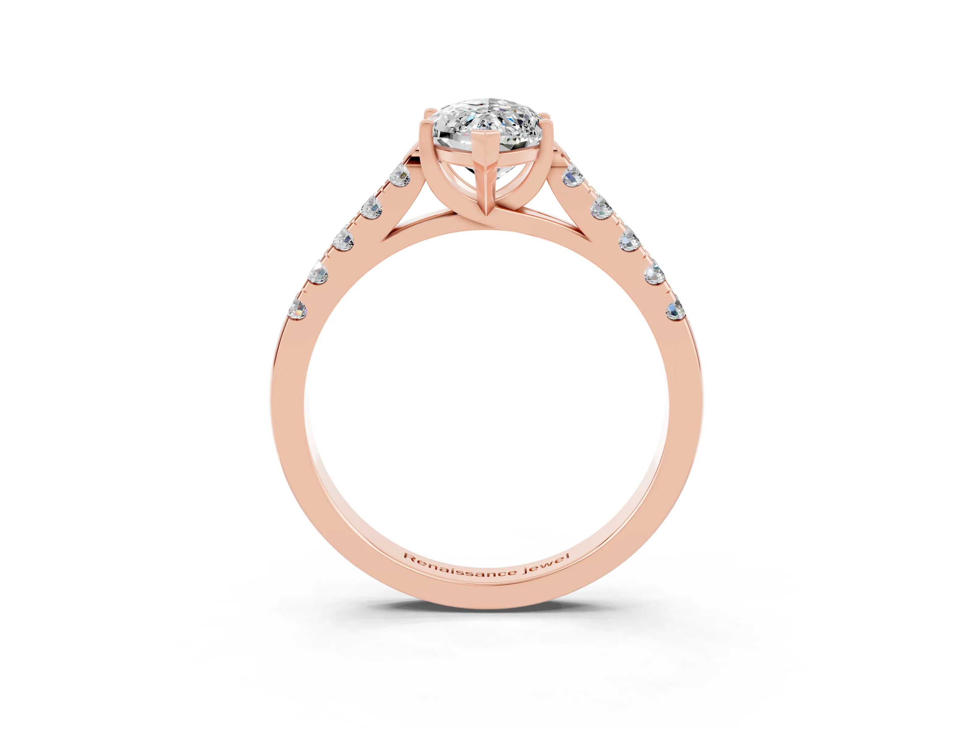 Rose gold {shape_name} Moissanite Solitaire Ring with Pavé Band and Four-Prong Setting_3