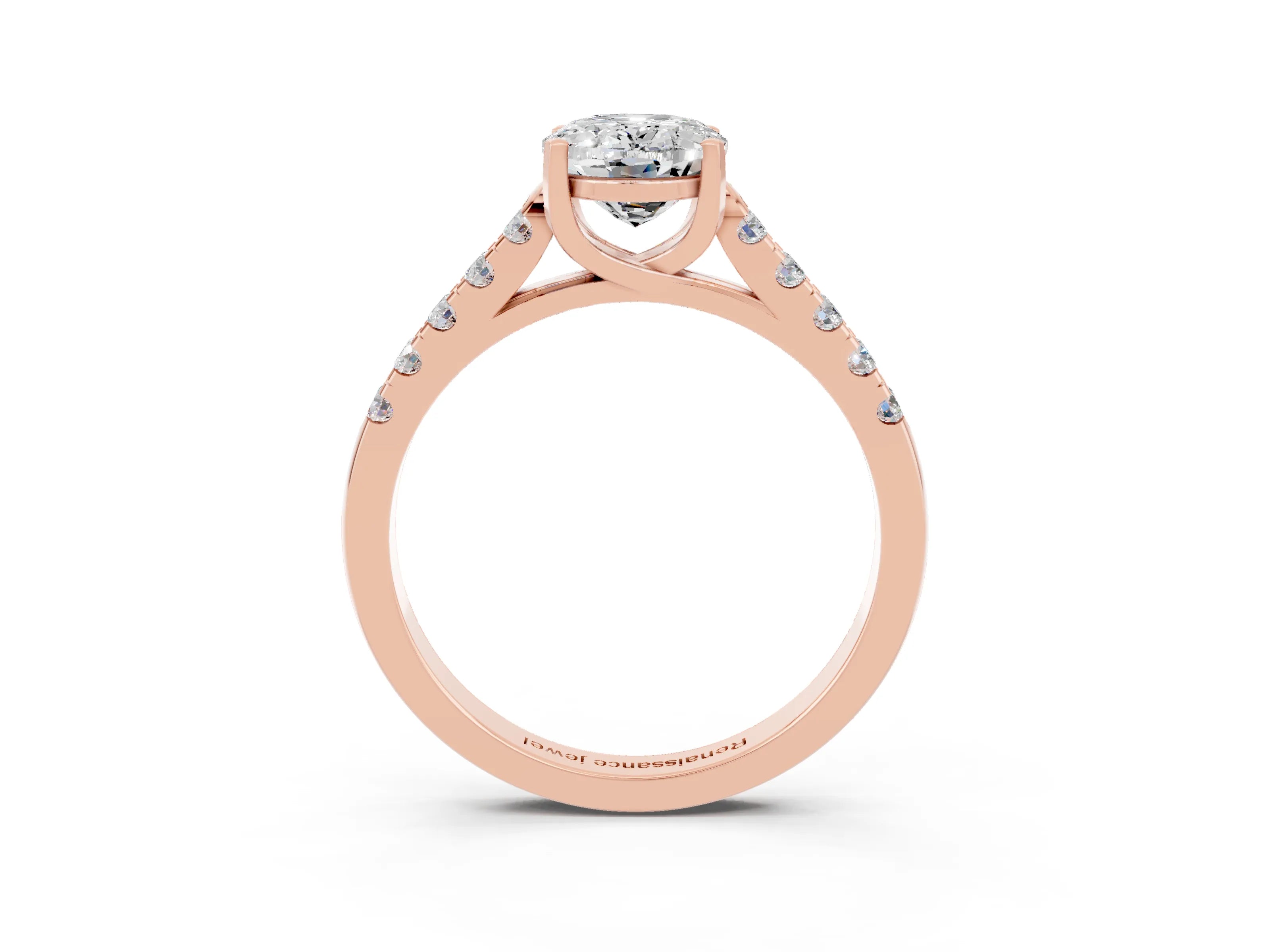 Rose gold {shape_name} Moissanite Solitaire Ring with Pavé Band and Four-Prong Setting_3
