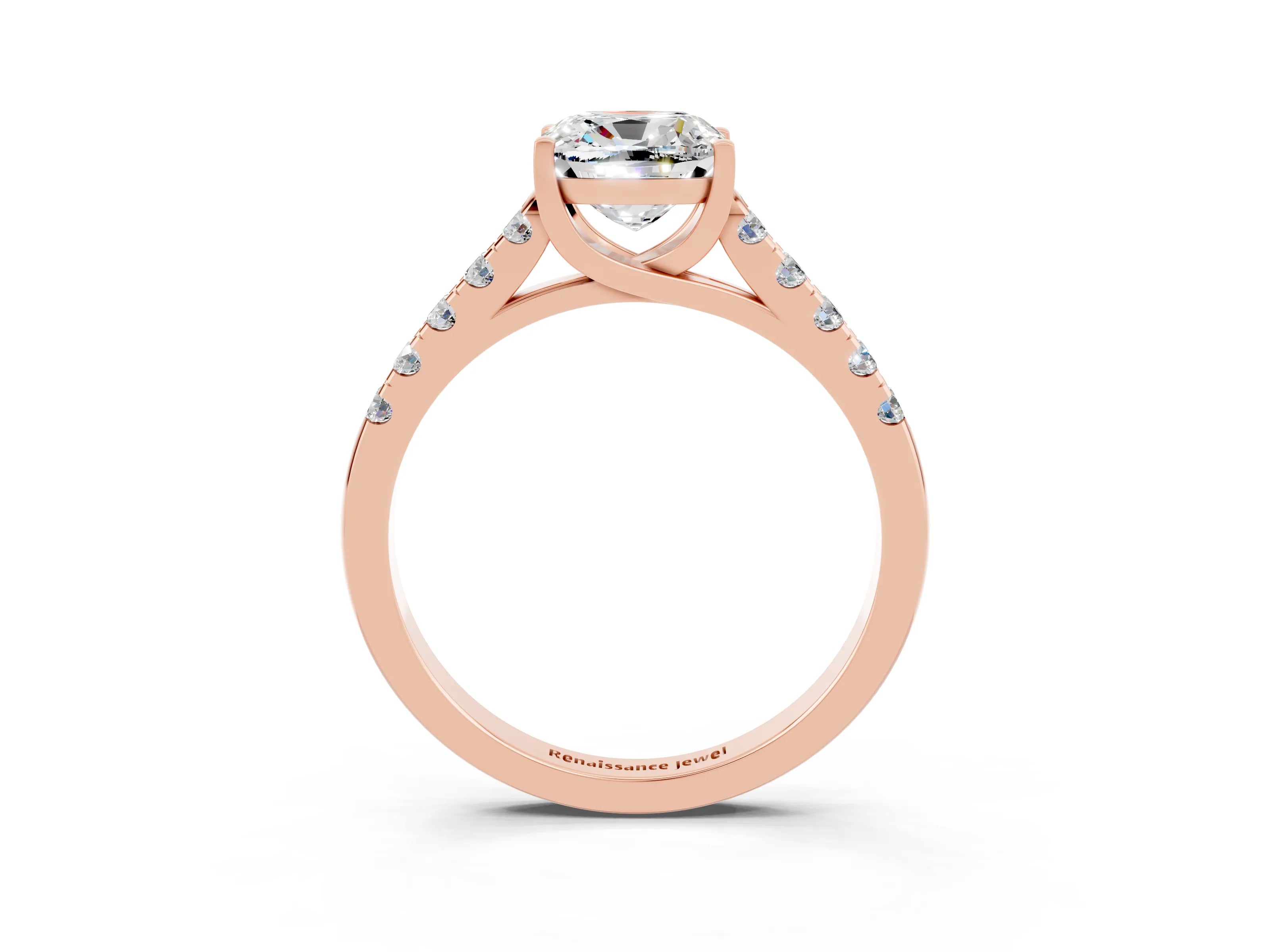 Rose gold {shape_name} Moissanite Solitaire Ring with Pavé Band and Four-Prong Setting_3