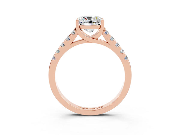 Rose gold Cushion Cut Moissanite Pavé Band Solitaire Ring with Prong Setting