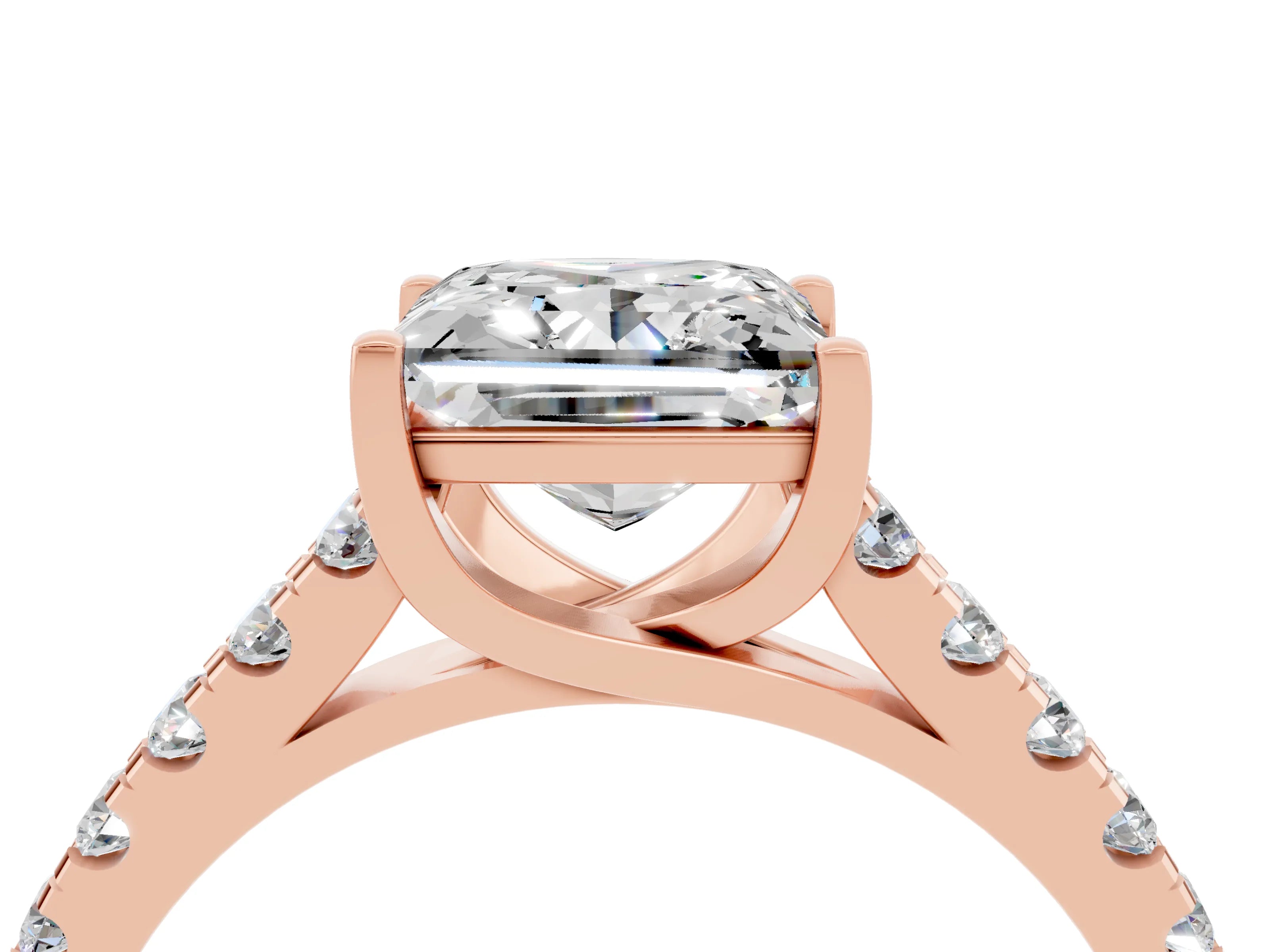 Rose gold {shape_name} Moissanite Solitaire Ring with Pavé Band and Four-Prong Setting_4
