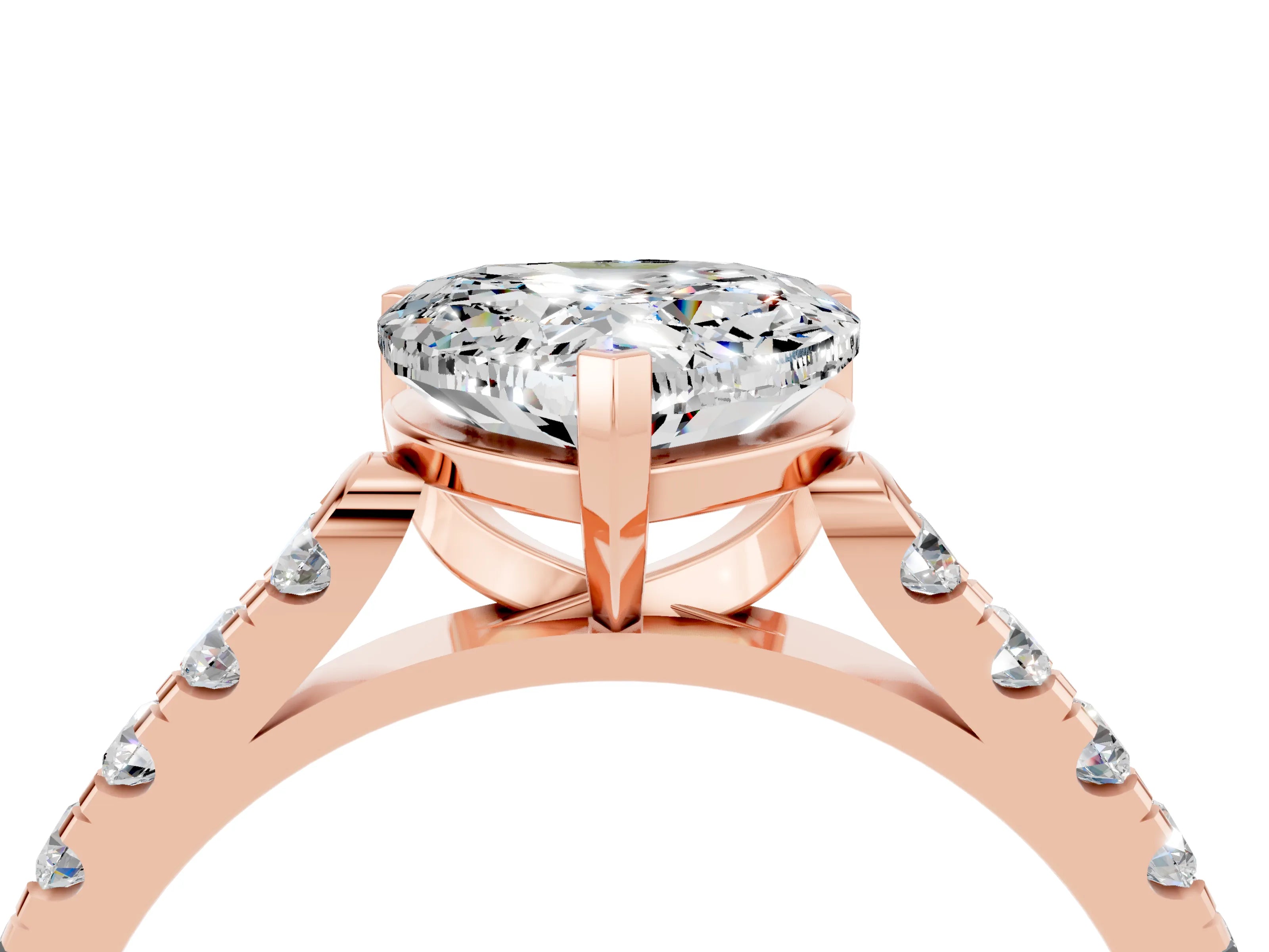 Rose gold {shape_name} Moissanite Solitaire Ring with Pavé Band and Four-Prong Setting_4