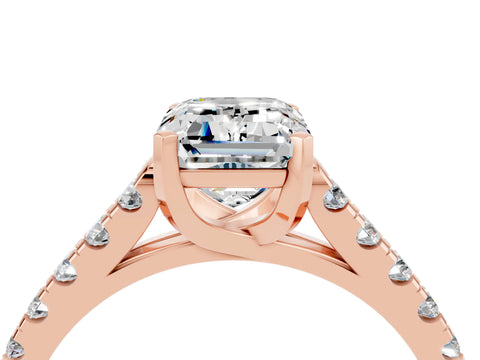 Rose gold {shape_name} Moissanite Solitaire Ring with Pavé Band and Four-Prong Setting_4