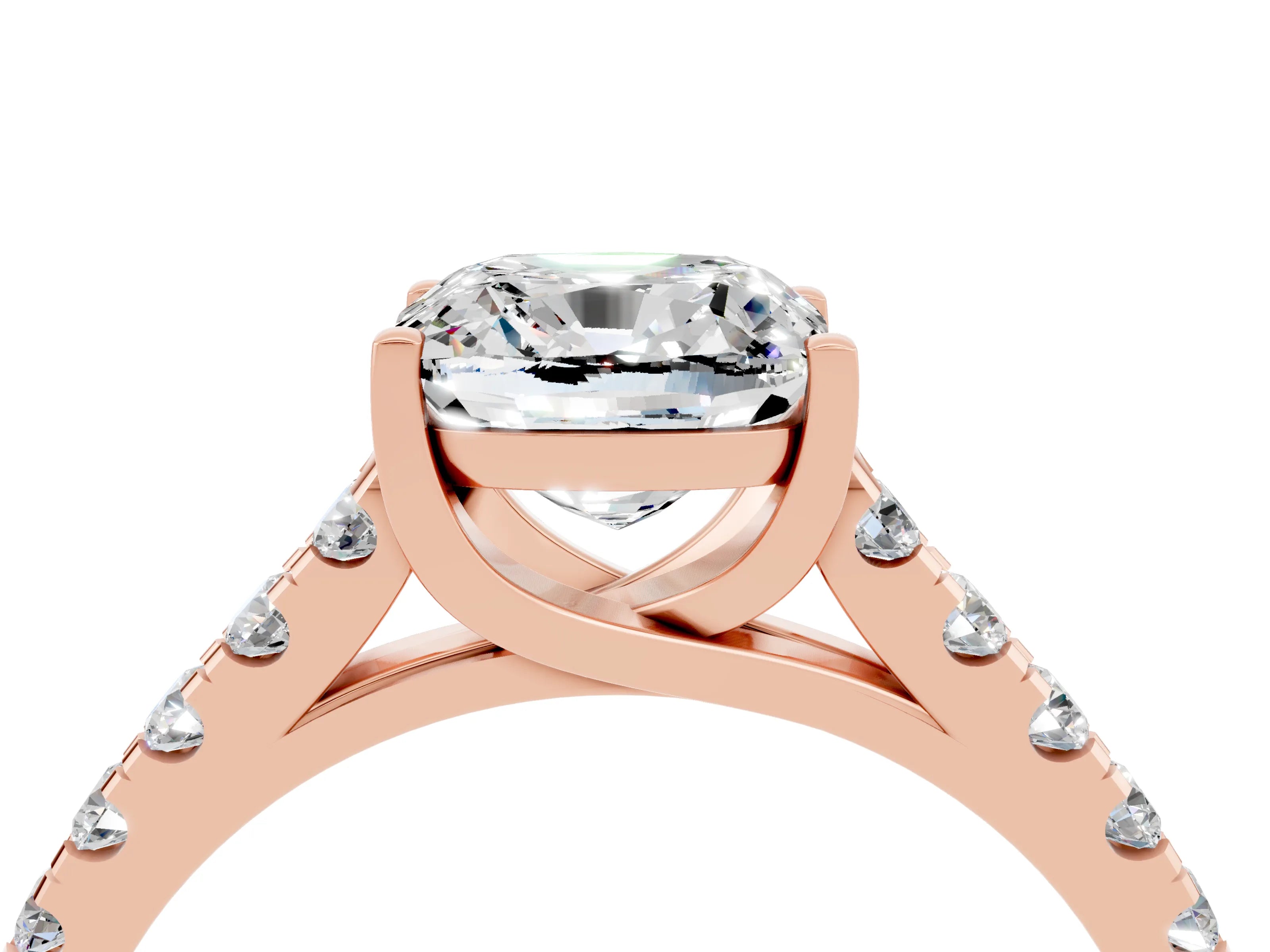 Rose gold {shape_name} Moissanite Solitaire Ring with Pavé Band and Four-Prong Setting_4