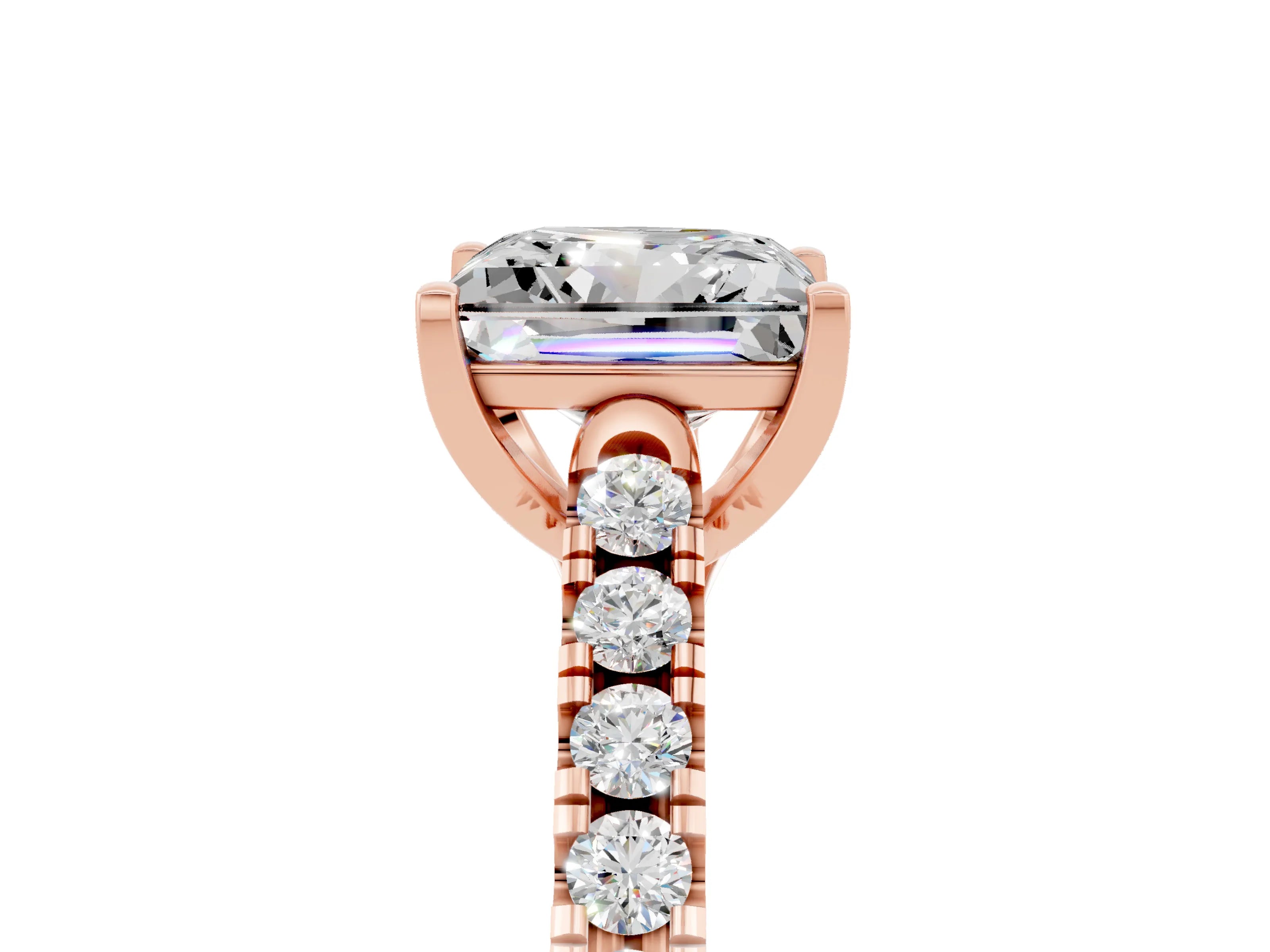 Rose gold {shape_name} Moissanite Solitaire Ring with Pavé Band and Four-Prong Setting_5