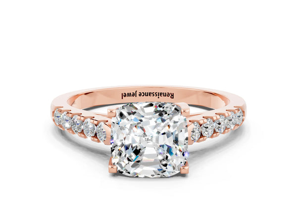 Rose gold Cushion Cut Moissanite Pavé Band Solitaire Ring with Prong Setting
