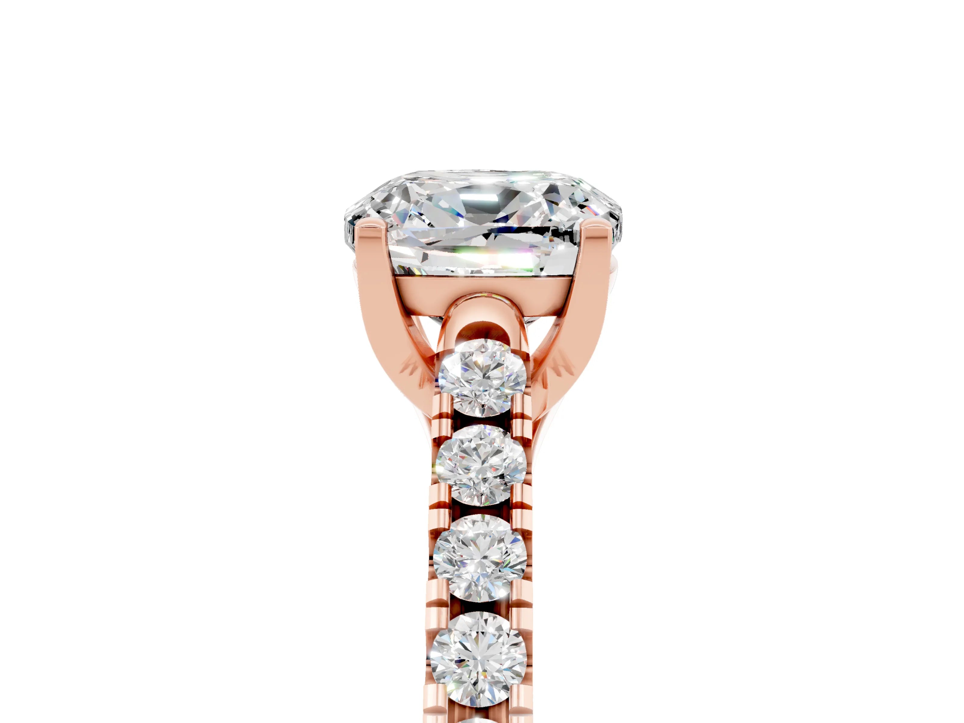 Rose gold {shape_name} Moissanite Solitaire Ring with Pavé Band and Four-Prong Setting_5