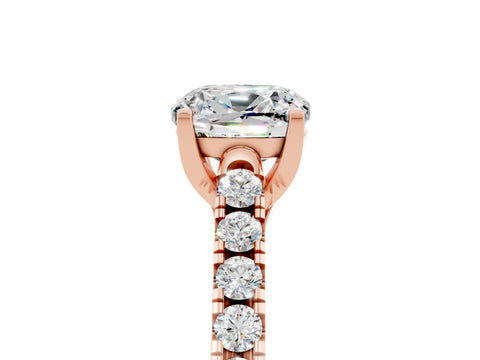 Rose gold {shape_name} Moissanite Solitaire Ring with Pavé Band and Four-Prong Setting_5