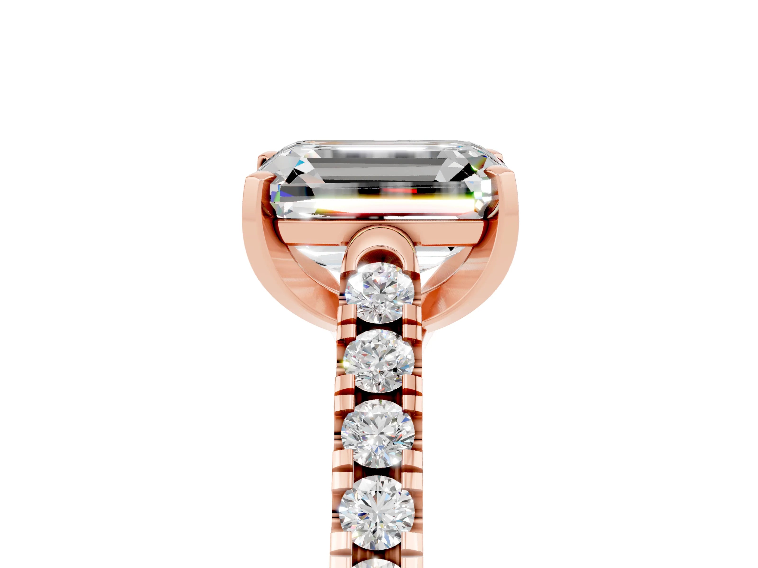 Rose gold {shape_name} Moissanite Solitaire Ring with Pavé Band and Four-Prong Setting_5
