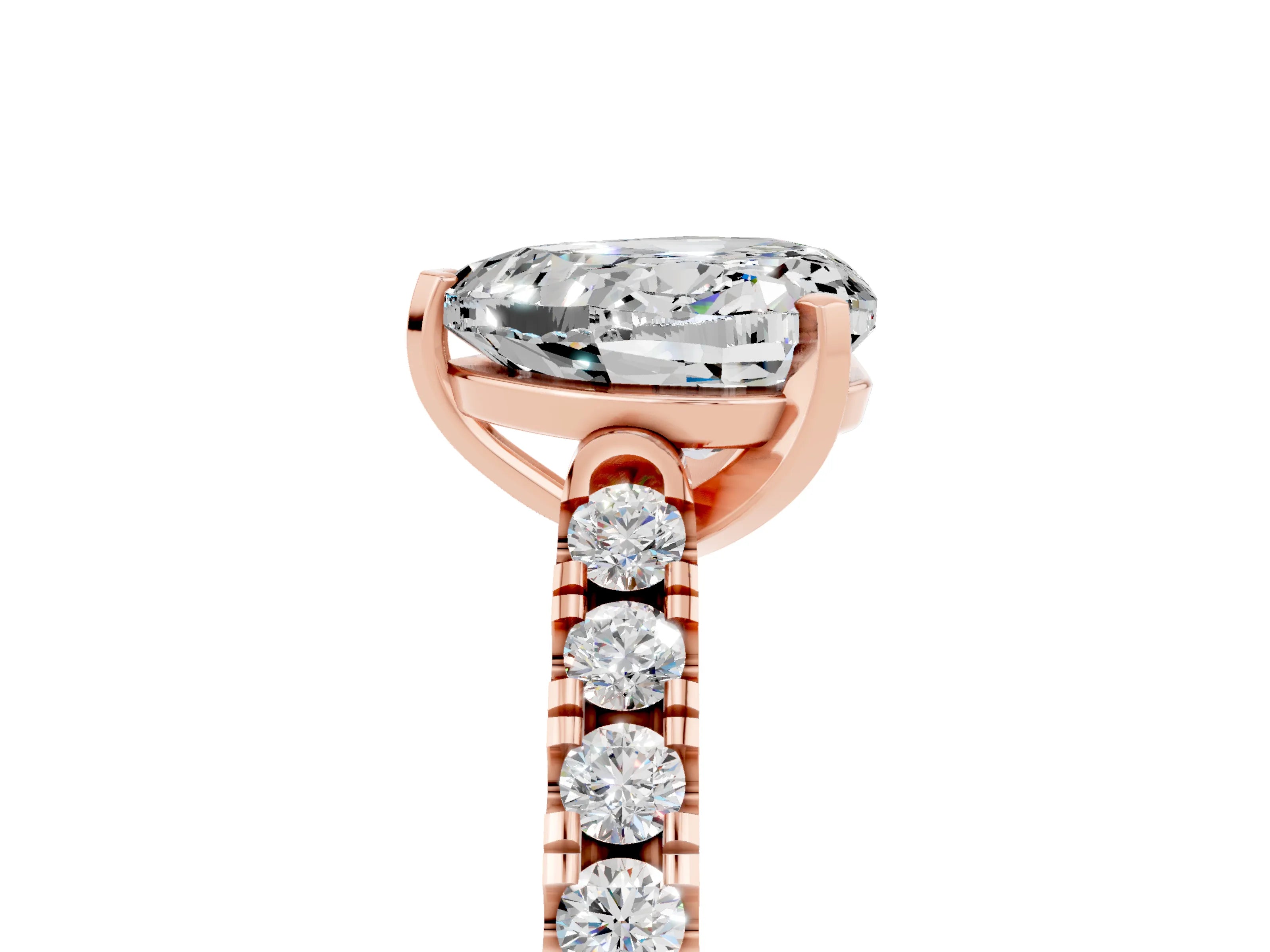 Rose gold {shape_name} Moissanite Solitaire Ring with Pavé Band and Four-Prong Setting_5