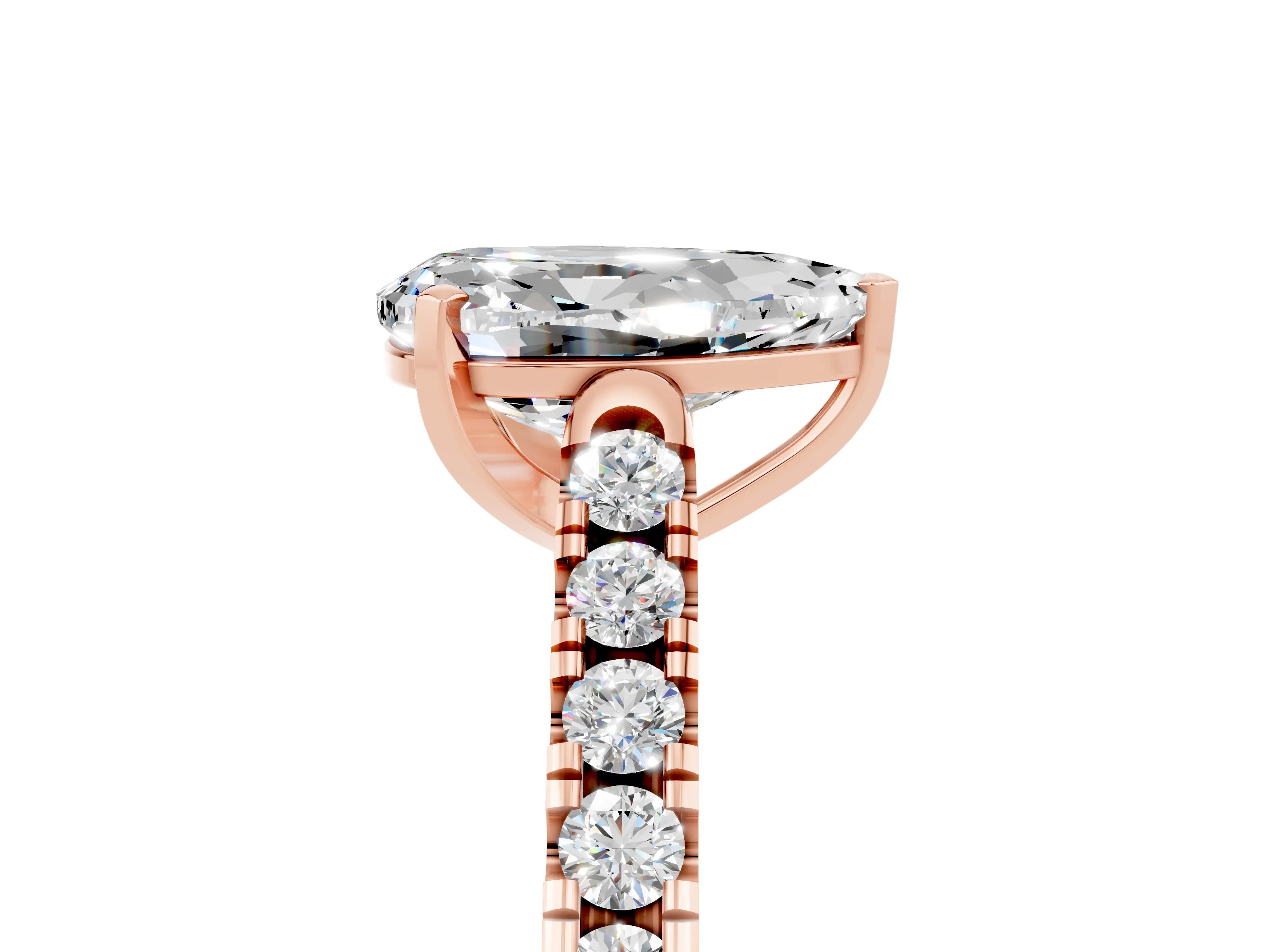 Rose gold {shape_name} Moissanite Solitaire Ring with Pavé Band and Four-Prong Setting_5