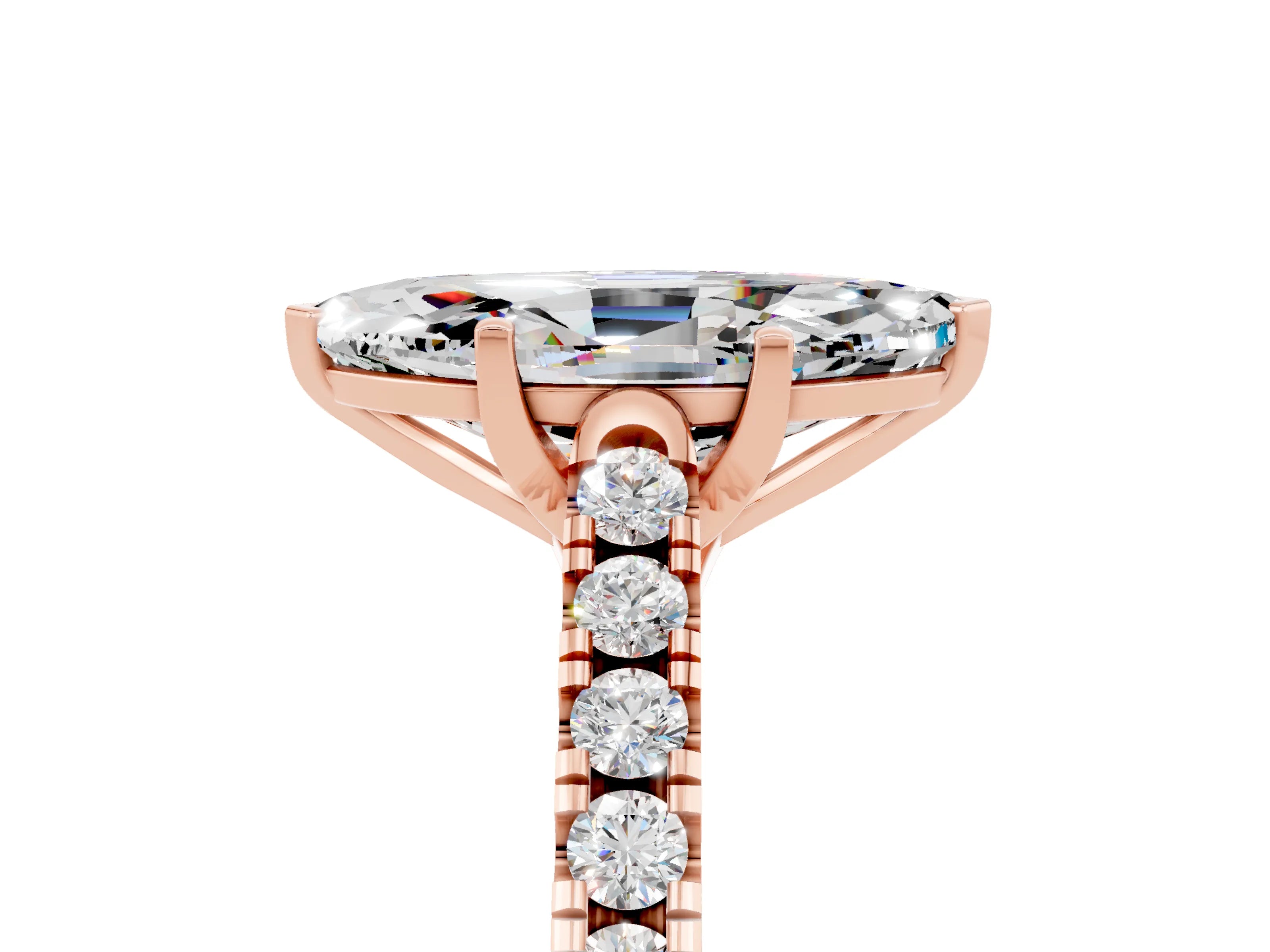 Rose gold {shape_name} Moissanite Solitaire Ring with Pavé Band and Four-Prong Setting_5