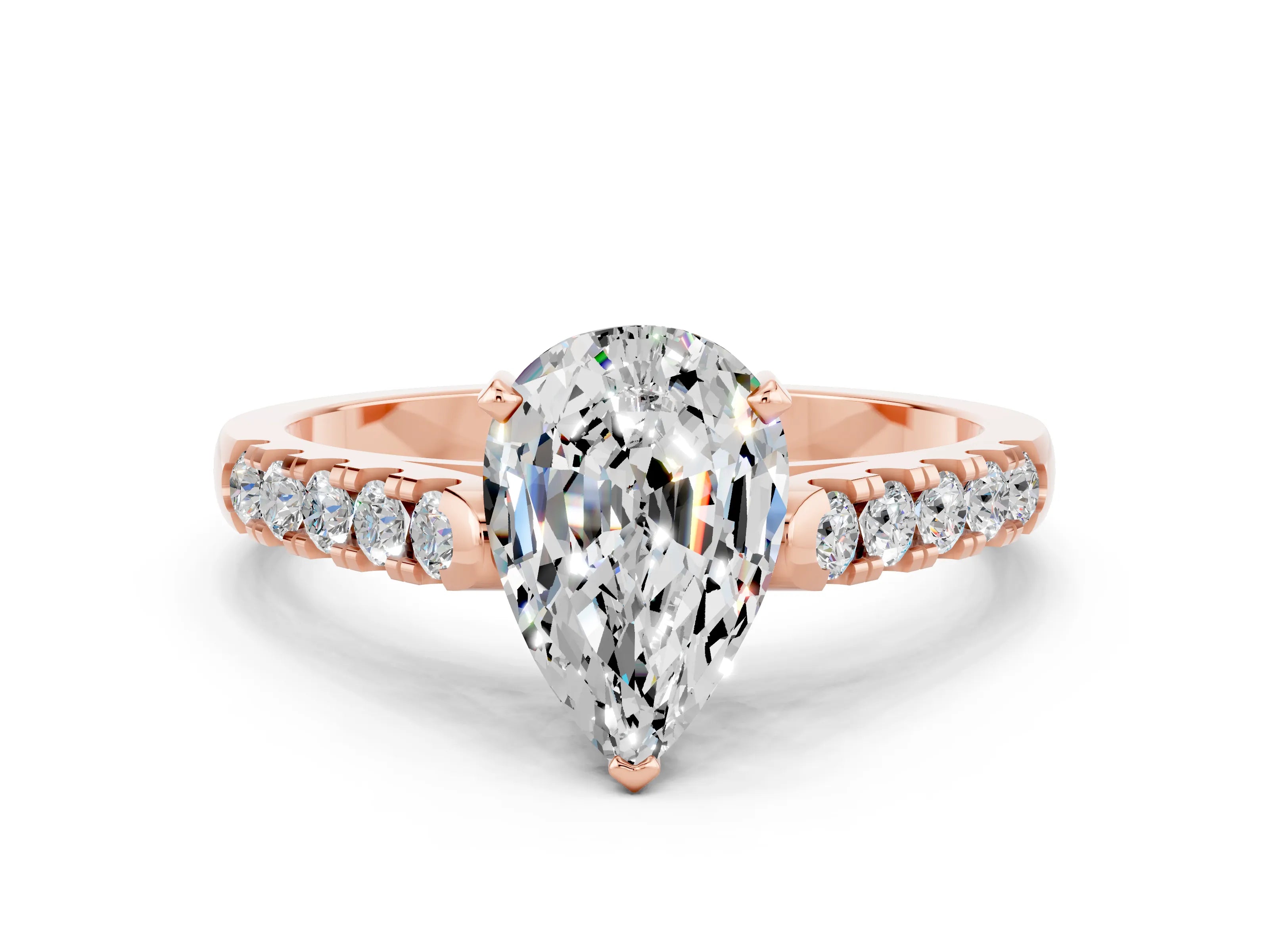 Rose gold {shape_name} Moissanite Solitaire Ring with Pavé Band and Four-Prong Setting