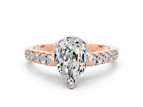 Rose gold {shape_name} Moissanite Solitaire Ring with Pavé Band and Four-Prong Setting