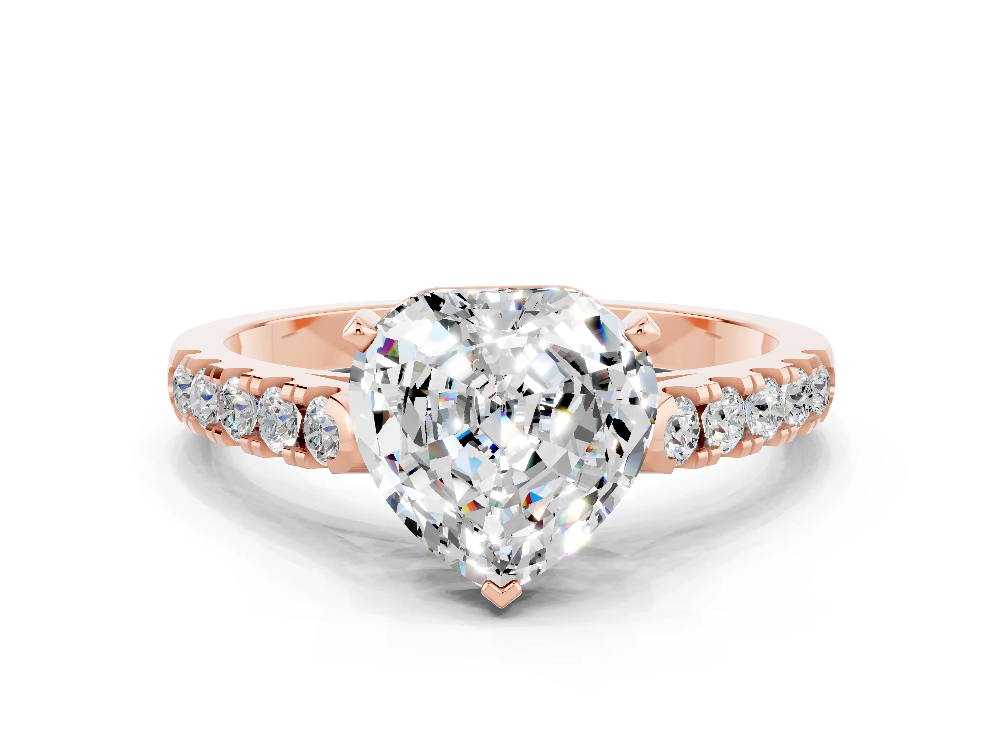 Rose gold {shape_name} Moissanite Solitaire Ring with Pavé Band and Four-Prong Setting