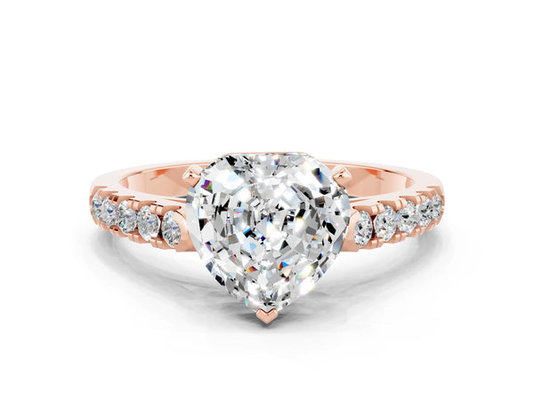 Rose gold Heart Cut Moissanite Pavé Band Solitaire Ring with Prong Setting