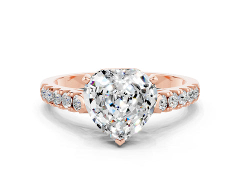 Rose gold {shape_name} Moissanite Solitaire Ring with Pavé Band and Four-Prong Setting