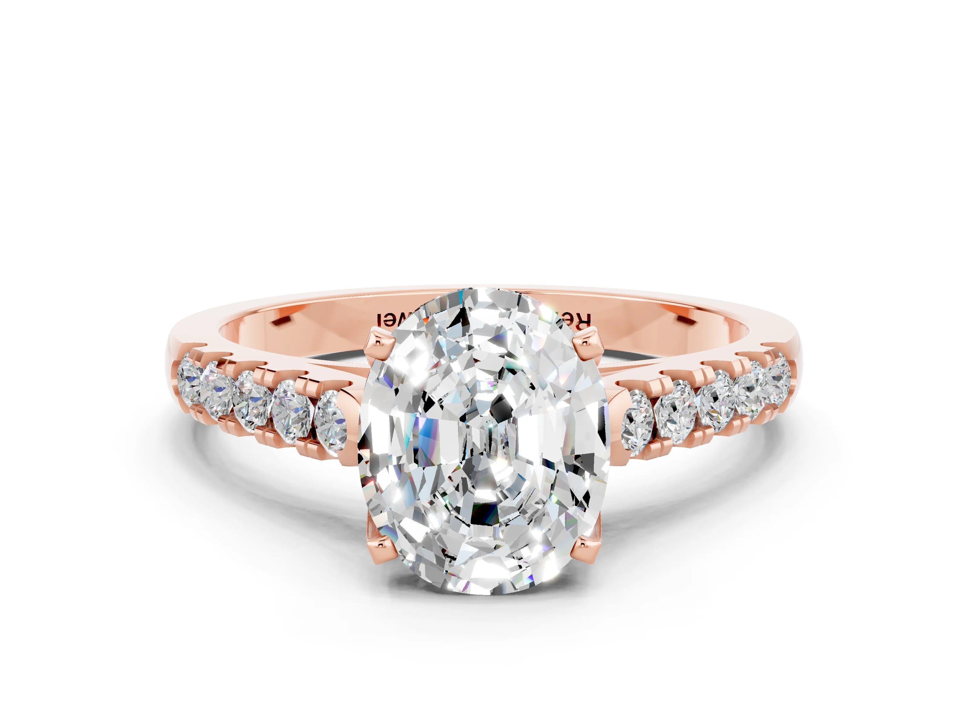 Rose gold {shape_name} Moissanite Solitaire Ring with Pavé Band and Four-Prong Setting