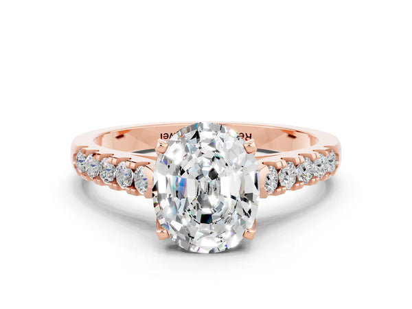 Rose gold Oval Cut Moissanite Pavé Band Solitaire Ring with Prong Setting
