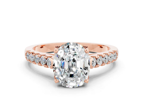 Rose gold {shape_name} Moissanite Solitaire Ring with Pavé Band and Four-Prong Setting