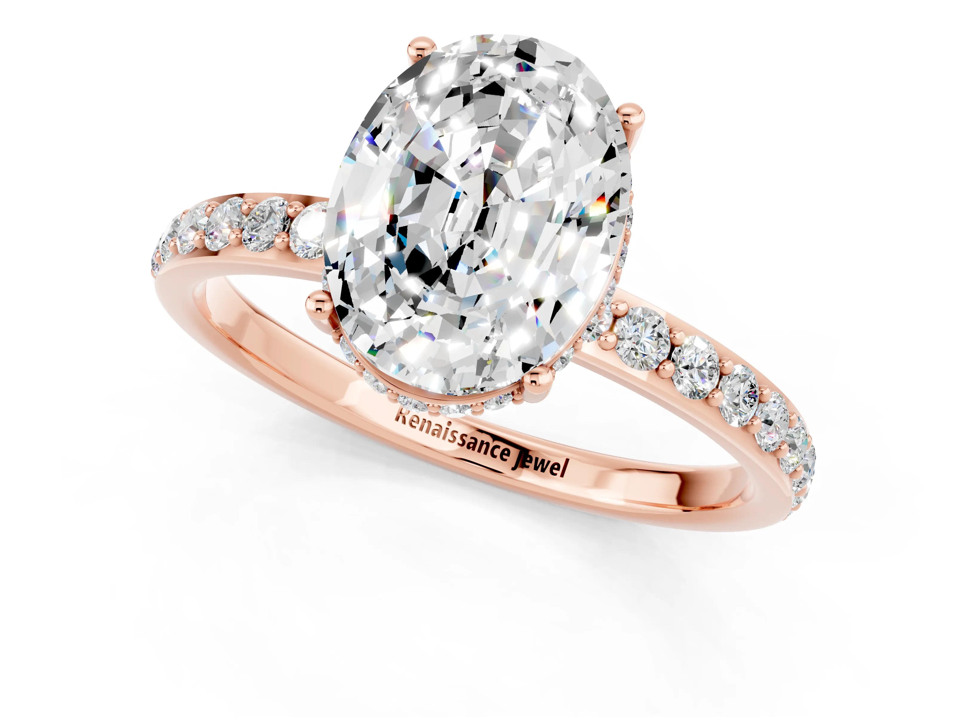 Rose gold {shape_name} Moissanite Solitaire Ring with Pavé Band and Hidden Halo_1