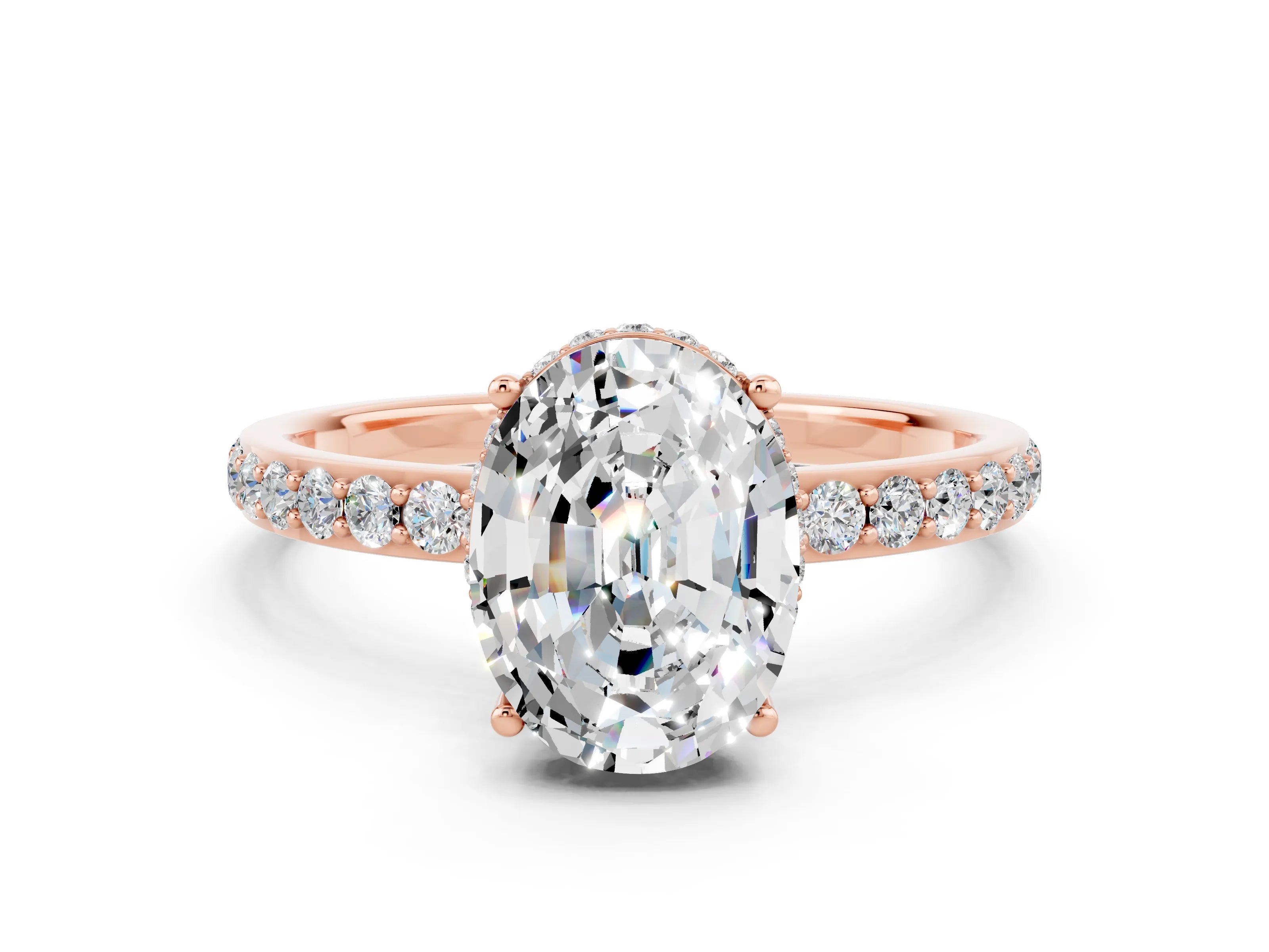 Rose gold {shape_name} Moissanite Solitaire Ring with Pavé Band and Hidden Halo