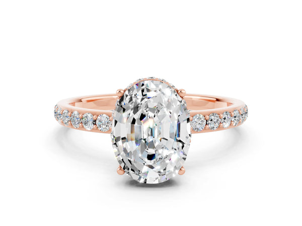 Rose gold Oval Cut Moissanite Solitaire Ring with Pavé Band and Hidden Halo