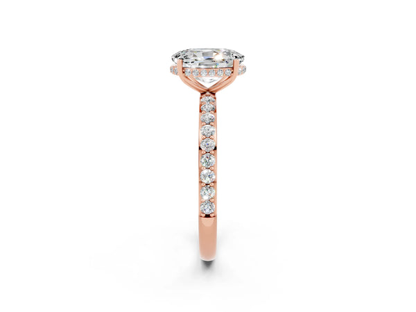 Rose gold Oval Cut Moissanite Solitaire Ring with Pavé Band and Hidden Halo
