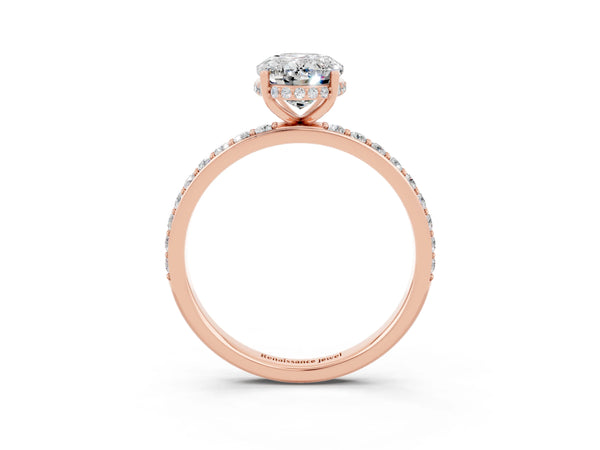 Rose gold Oval Cut Moissanite Solitaire Ring with Pavé Band and Hidden Halo