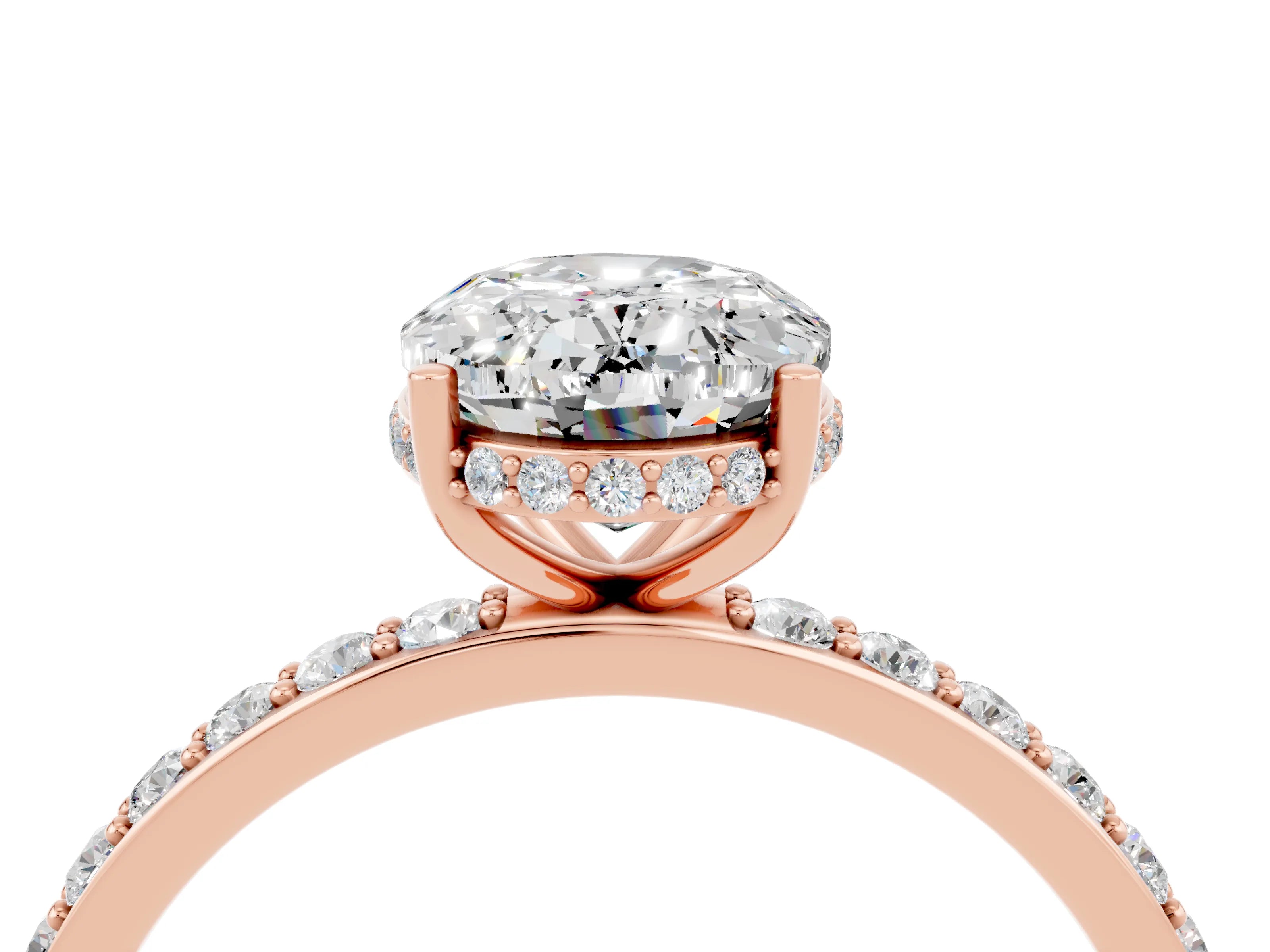 Rose gold {shape_name} Moissanite Solitaire Ring with Pavé Band and Hidden Halo_4