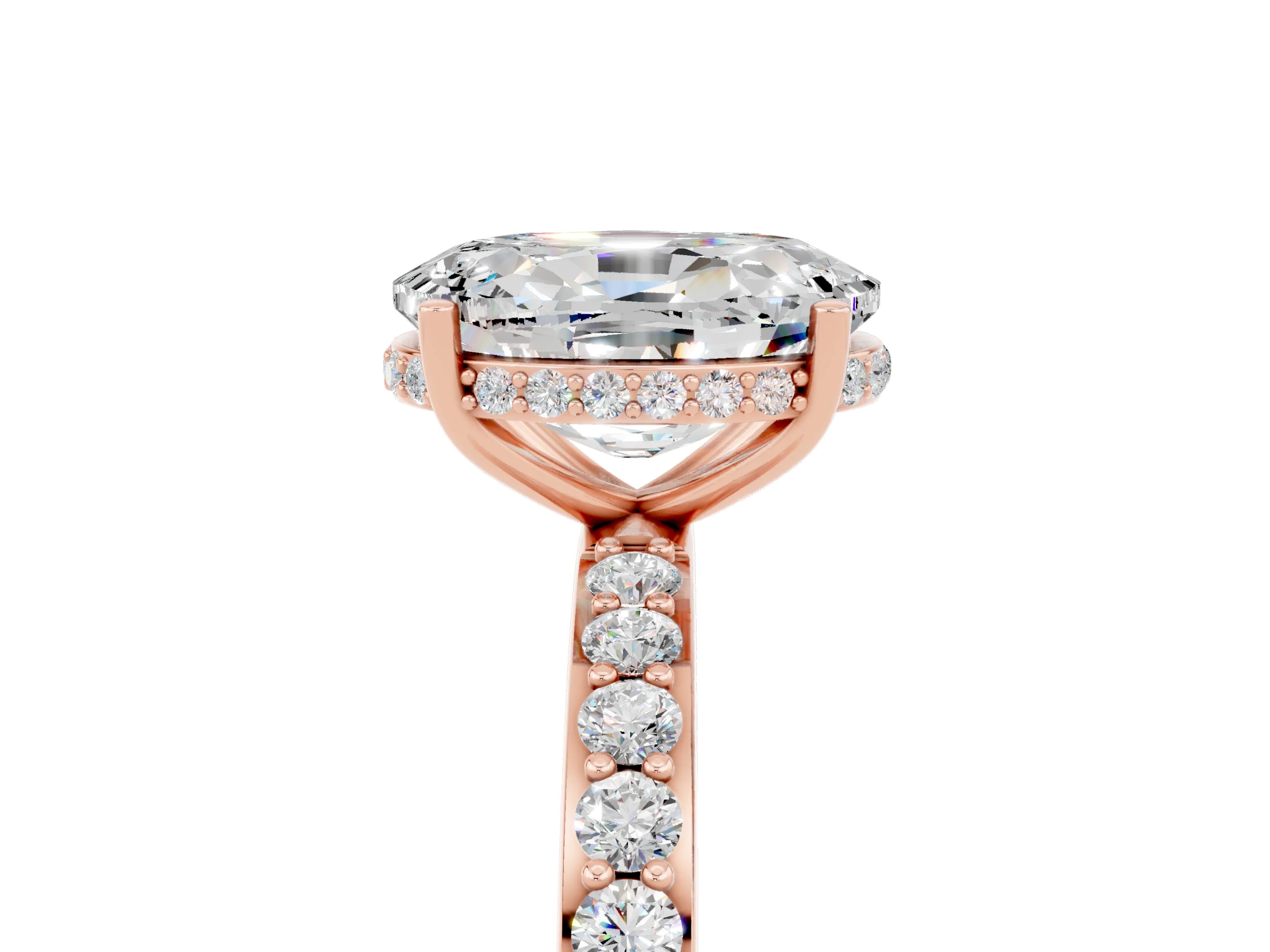 Rose gold {shape_name} Moissanite Solitaire Ring with Pavé Band and Hidden Halo_5