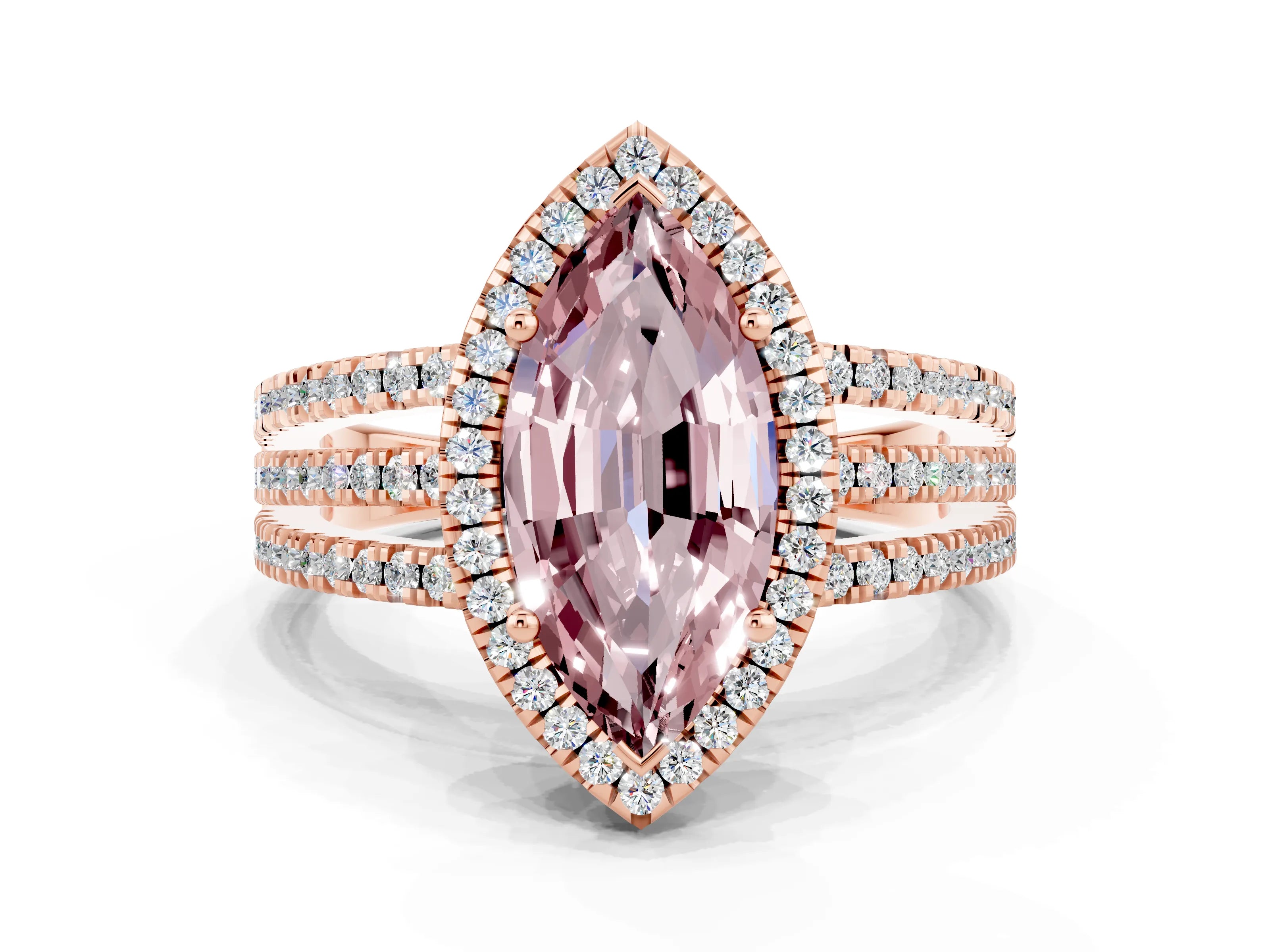 Rose gold {shape_name} Morganite Halo Engagement Ring with Split Shank and Four-Prong Setting
