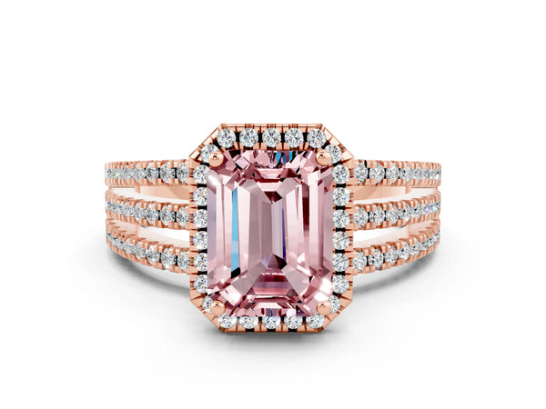 Rose gold Emerald Cut Morganite Halo Engagement Ring with Split Shank and Four-Prong Setting