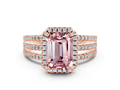 Rose gold {shape_name} Morganite Halo Engagement Ring with Split Shank and Four-Prong Setting