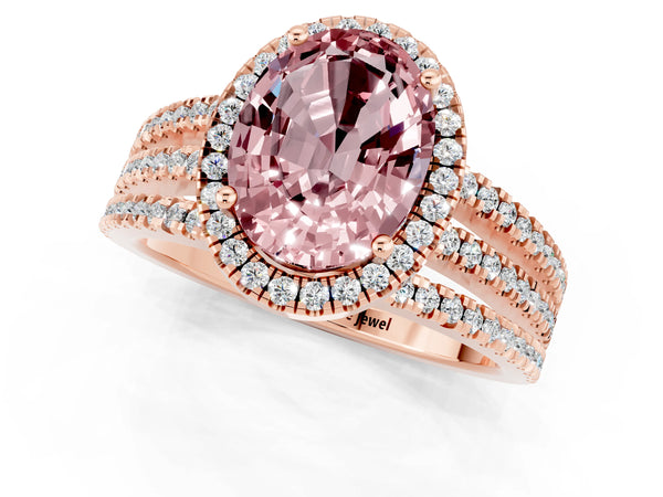 Rose gold Oval Cut Morganite Halo Engagement Ring with Split Shank and Four-Prong Setting