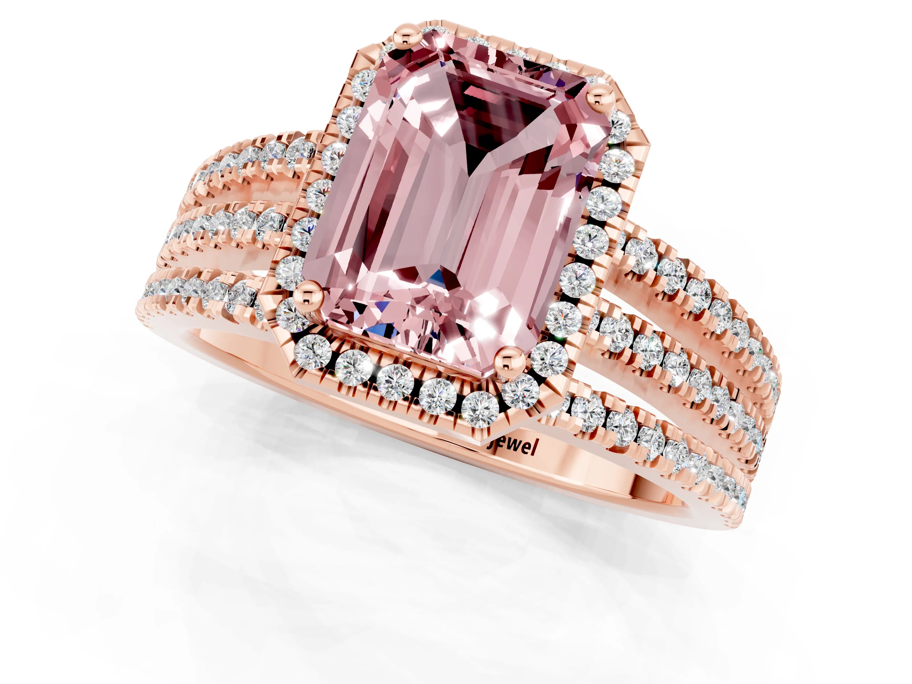 Rose gold {shape_name} Morganite Halo Engagement Ring with Split Shank and Four-Prong Setting_1