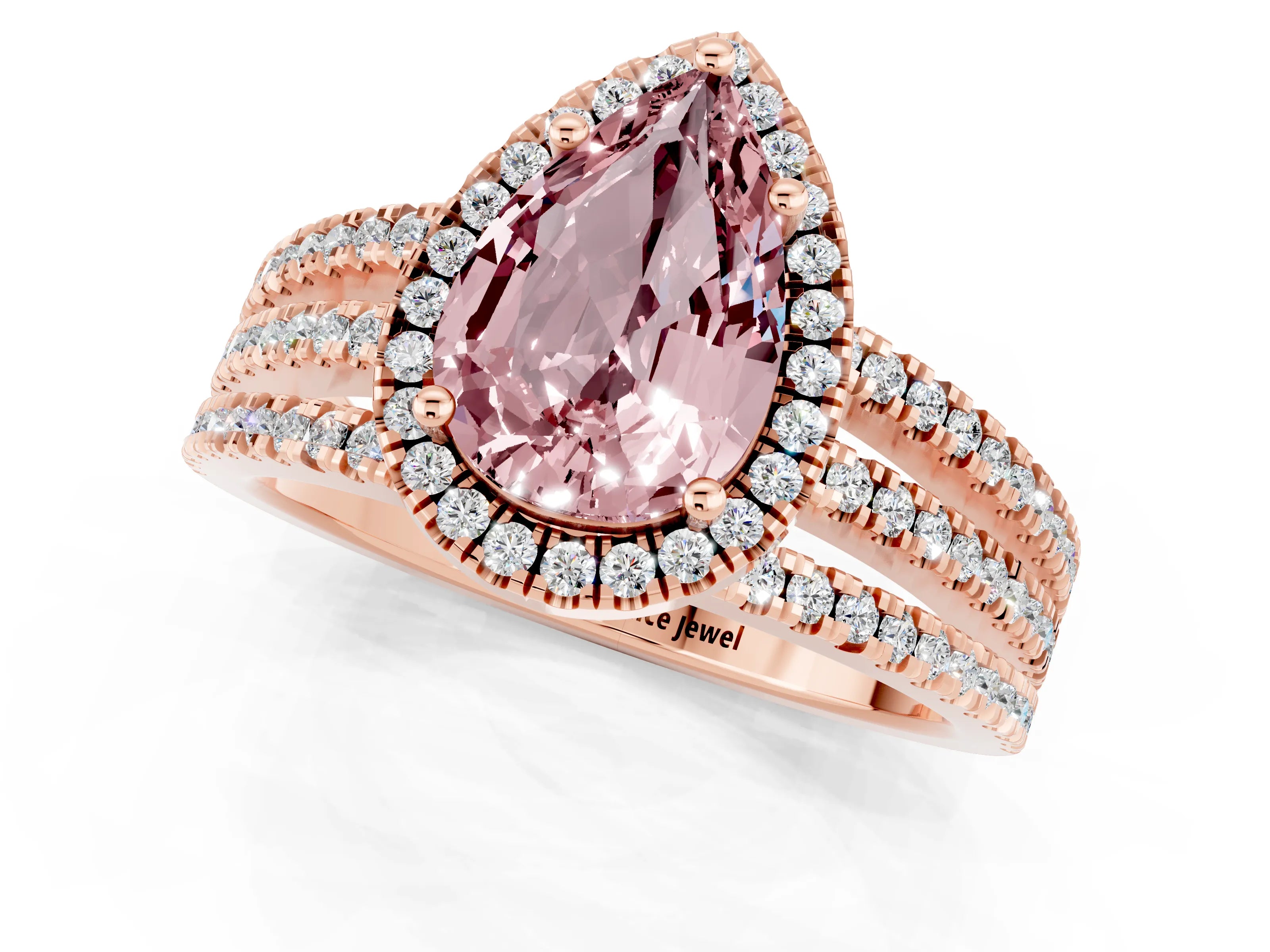 Rose gold {shape_name} Morganite Halo Engagement Ring with Split Shank and Four-Prong Setting_1