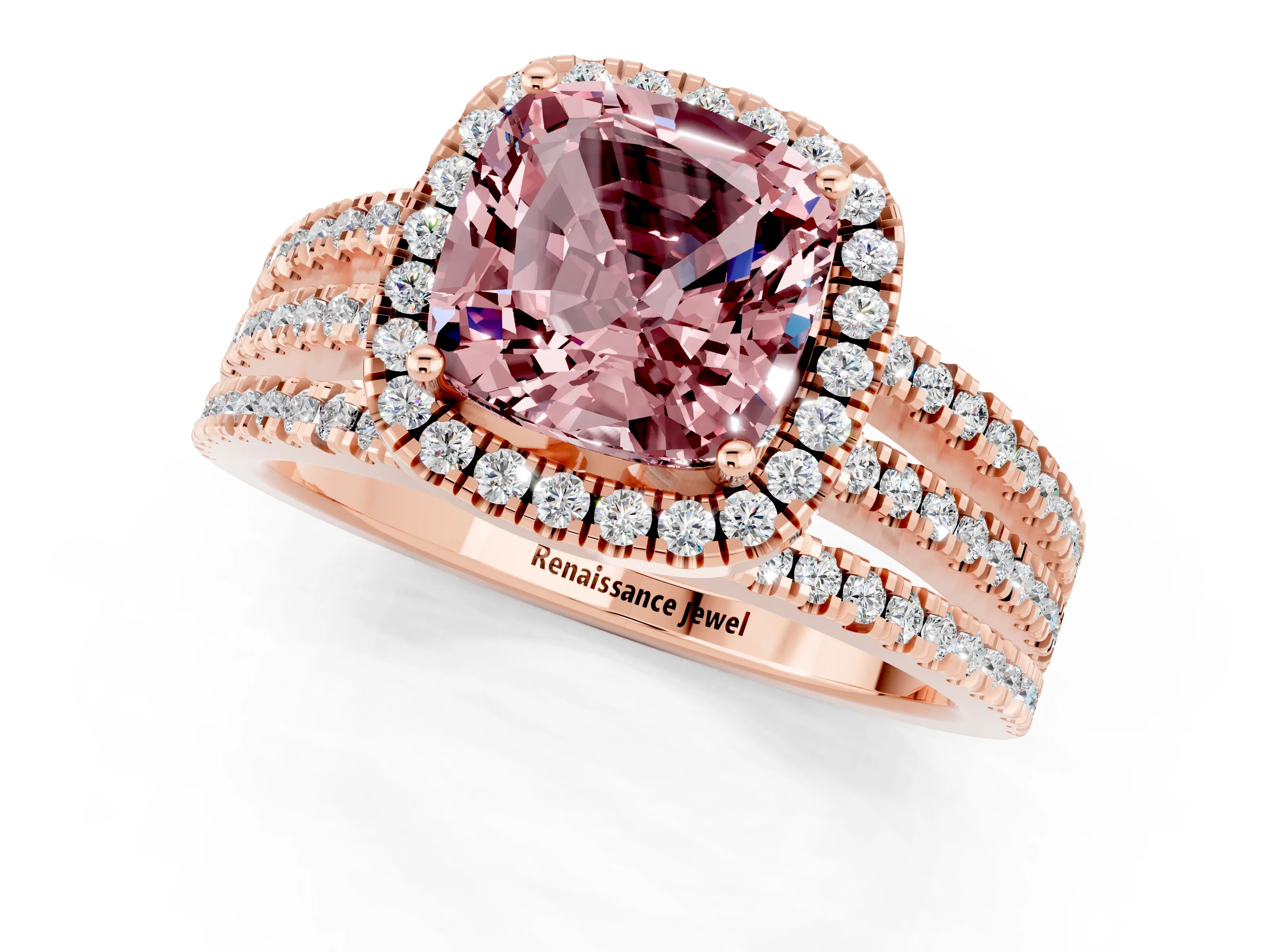 Rose gold {shape_name} Morganite Halo Engagement Ring with Split Shank and Four-Prong Setting_1