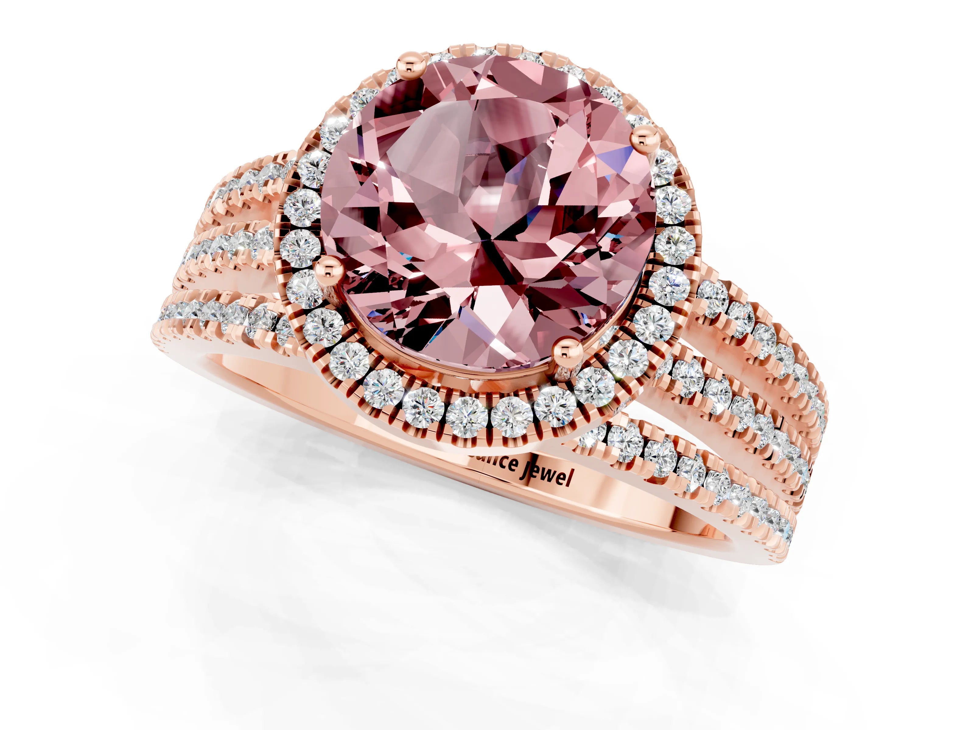 Rose gold {shape_name} Morganite Halo Engagement Ring with Split Shank and Four-Prong Setting_1