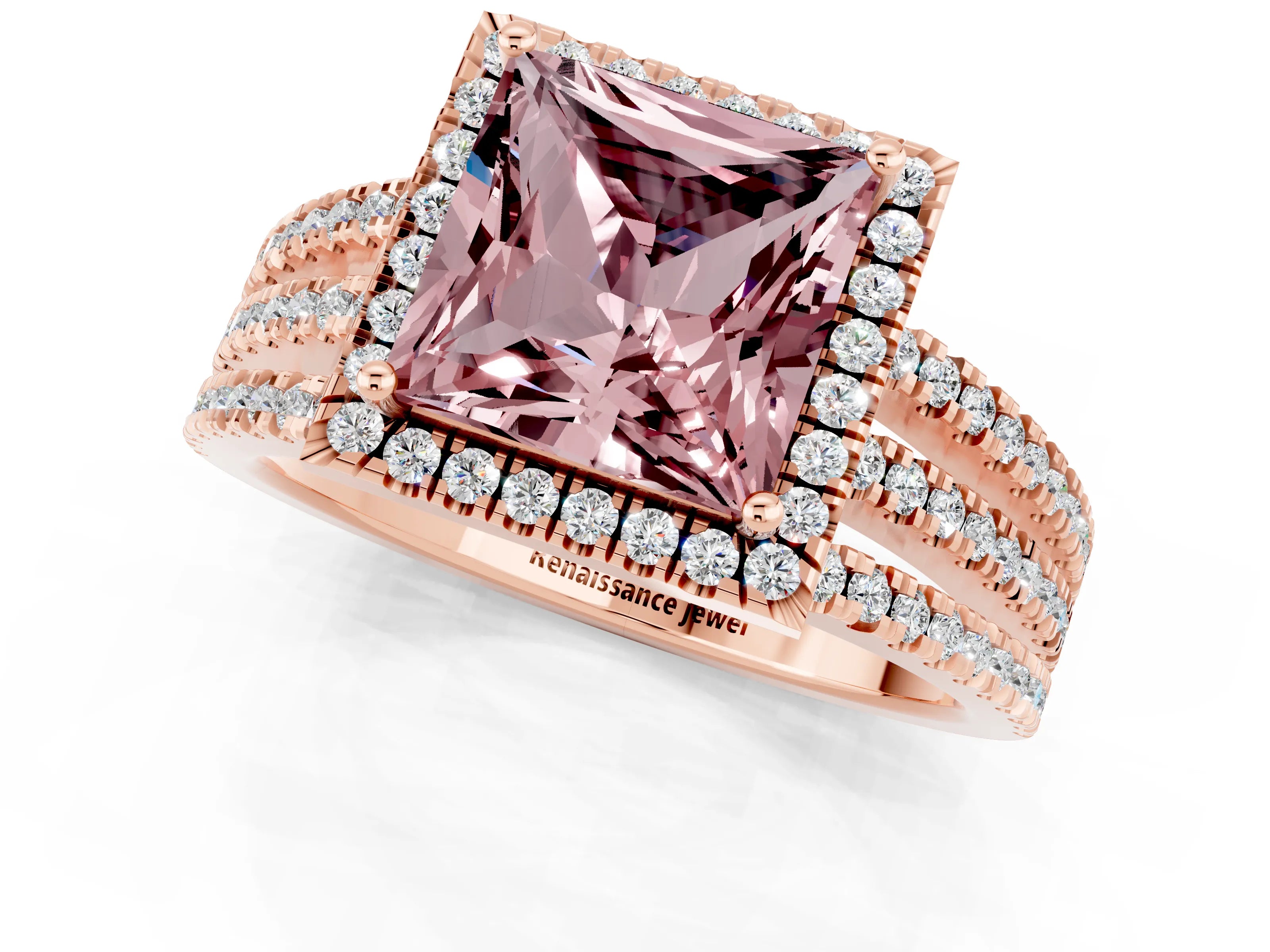 Rose gold {shape_name} Morganite Halo Engagement Ring with Split Shank and Four-Prong Setting_1