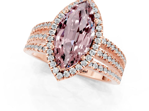 Rose gold {shape_name} Morganite Halo Engagement Ring with Split Shank and Four-Prong Setting_1