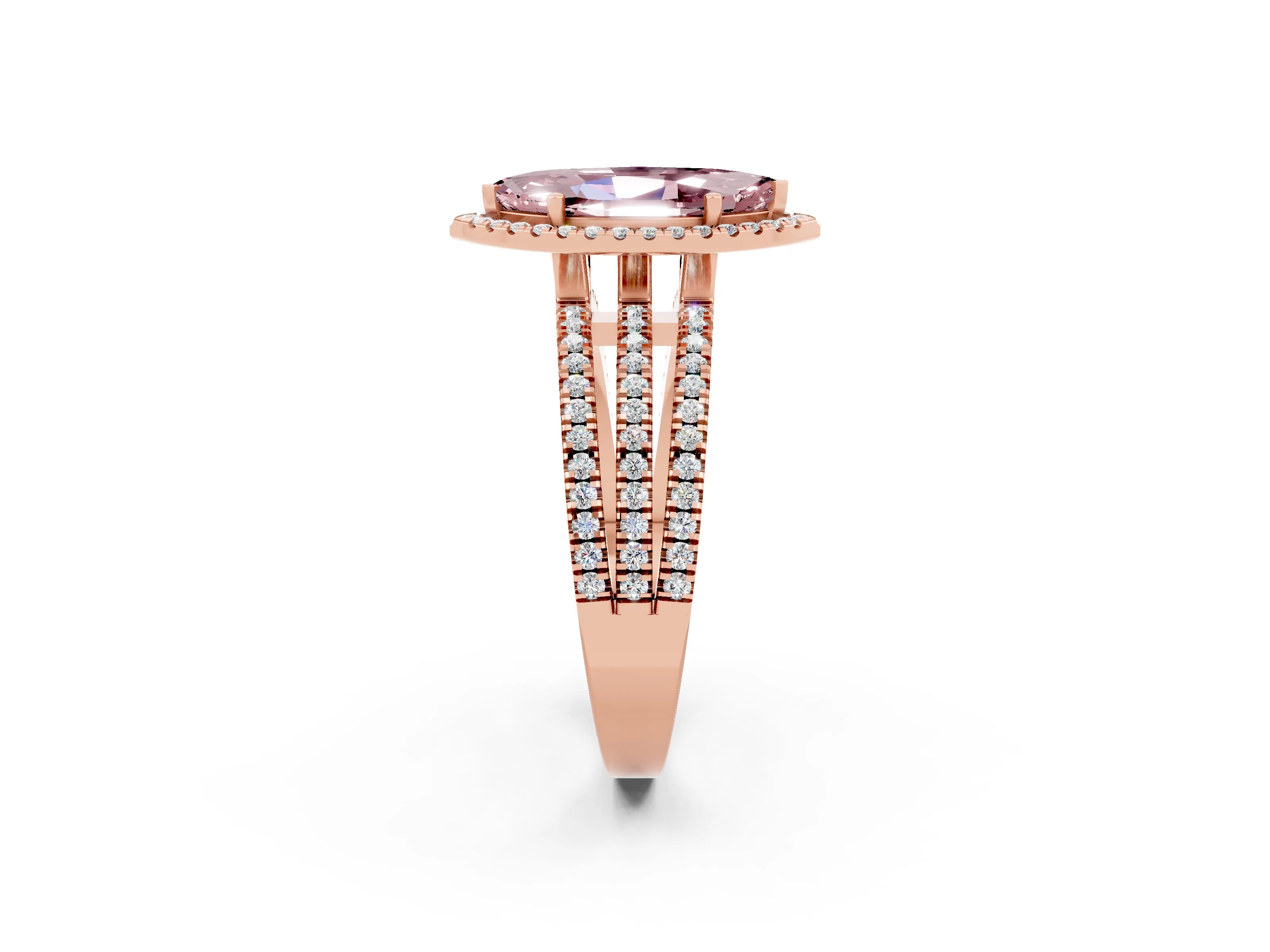 Rose gold {shape_name} Morganite Halo Engagement Ring with Split Shank and Four-Prong Setting_2