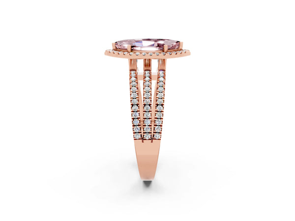 Rose gold Marquise Cut Morganite Halo Engagement Ring with Split Shank and Four-Prong Setting