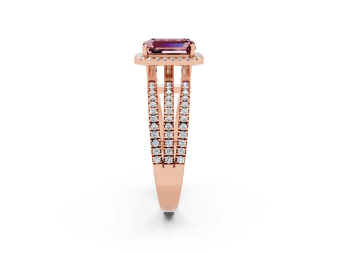 Rose gold {shape_name} Morganite Halo Engagement Ring with Split Shank and Four-Prong Setting_2
