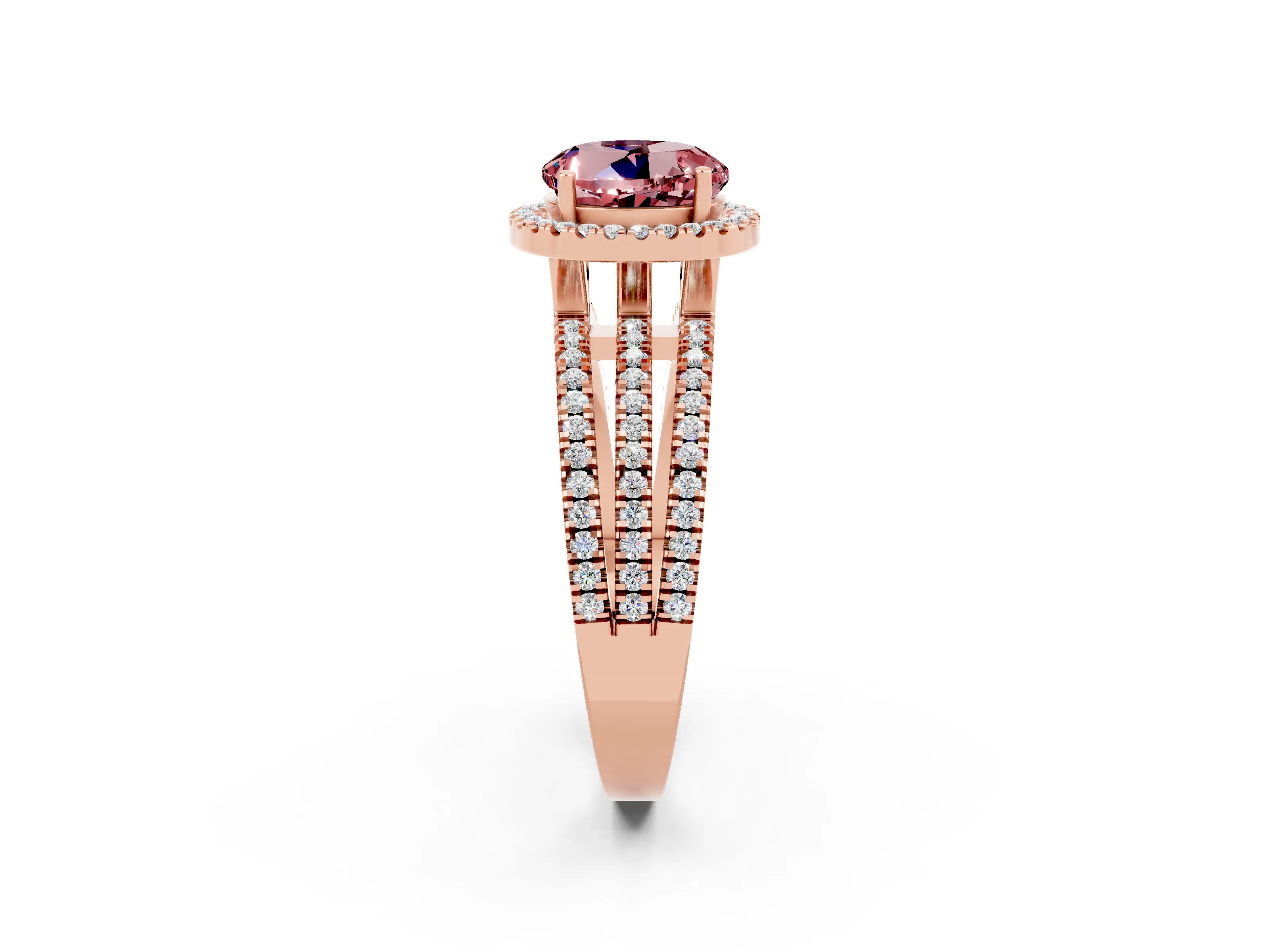 Rose gold {shape_name} Morganite Halo Engagement Ring with Split Shank and Four-Prong Setting_2