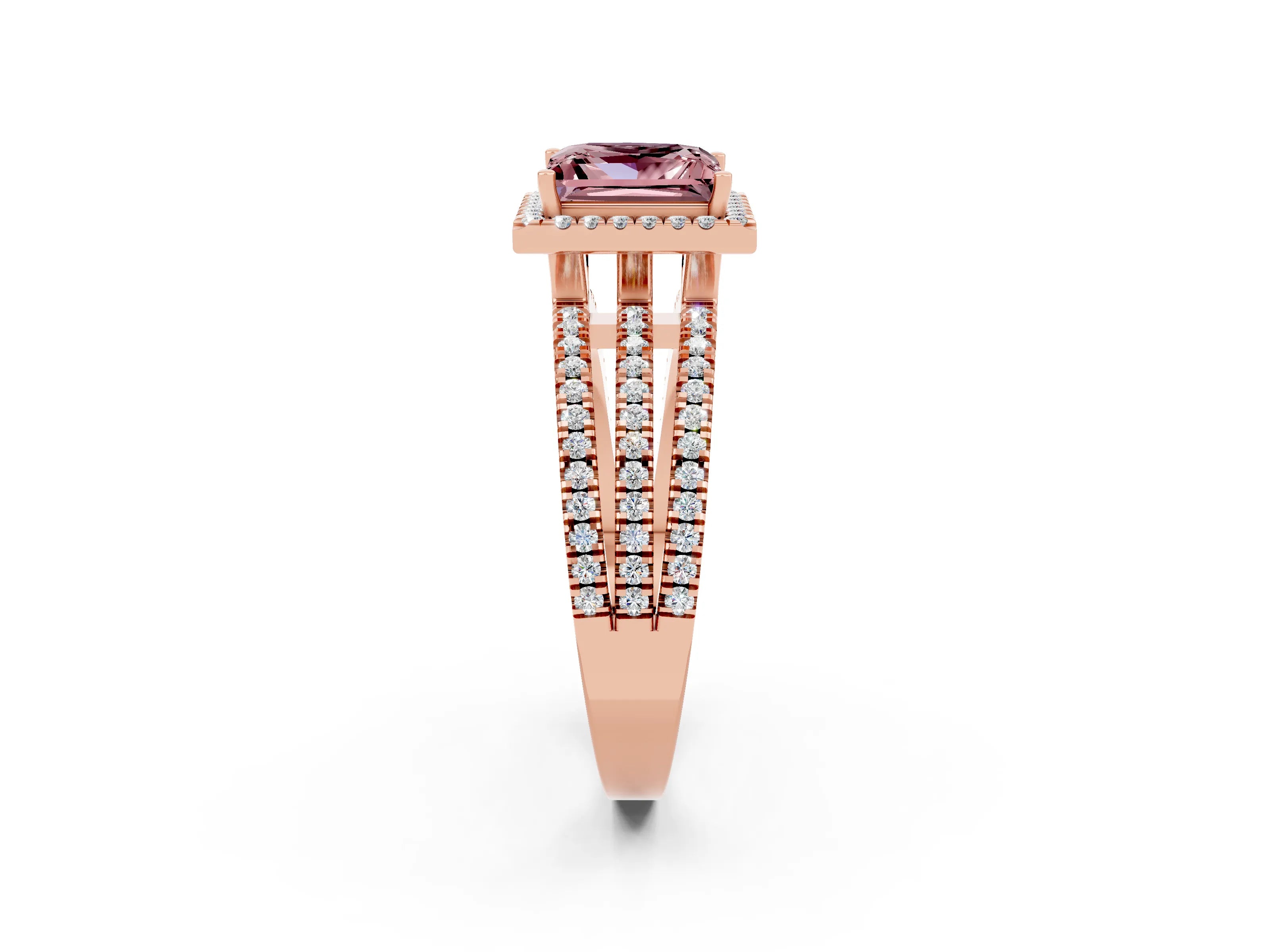 Rose gold {shape_name} Morganite Halo Engagement Ring with Split Shank and Four-Prong Setting_2