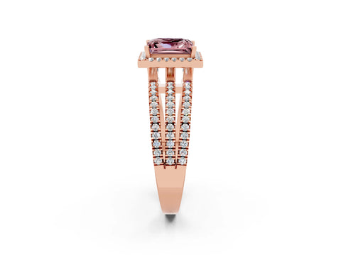 Rose gold {shape_name} Morganite Halo Engagement Ring with Split Shank and Four-Prong Setting_2