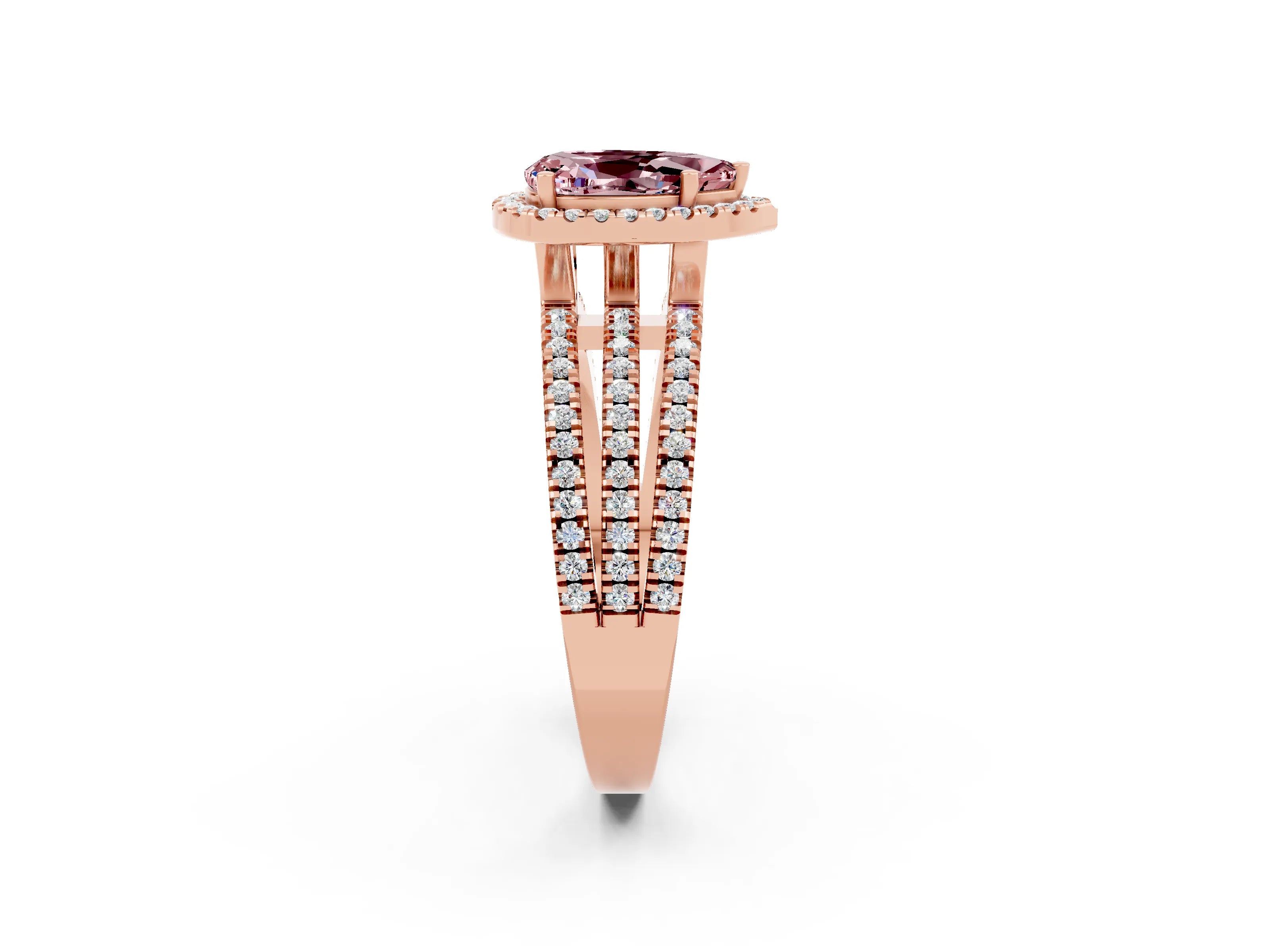 Rose gold {shape_name} Morganite Halo Engagement Ring with Split Shank and Four-Prong Setting_2