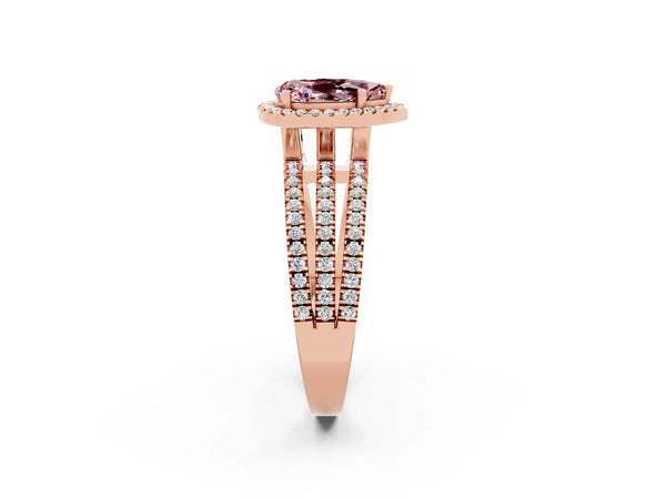 Rose gold Pear Cut Morganite Halo Engagement Ring with Split Shank and Four-Prong Setting