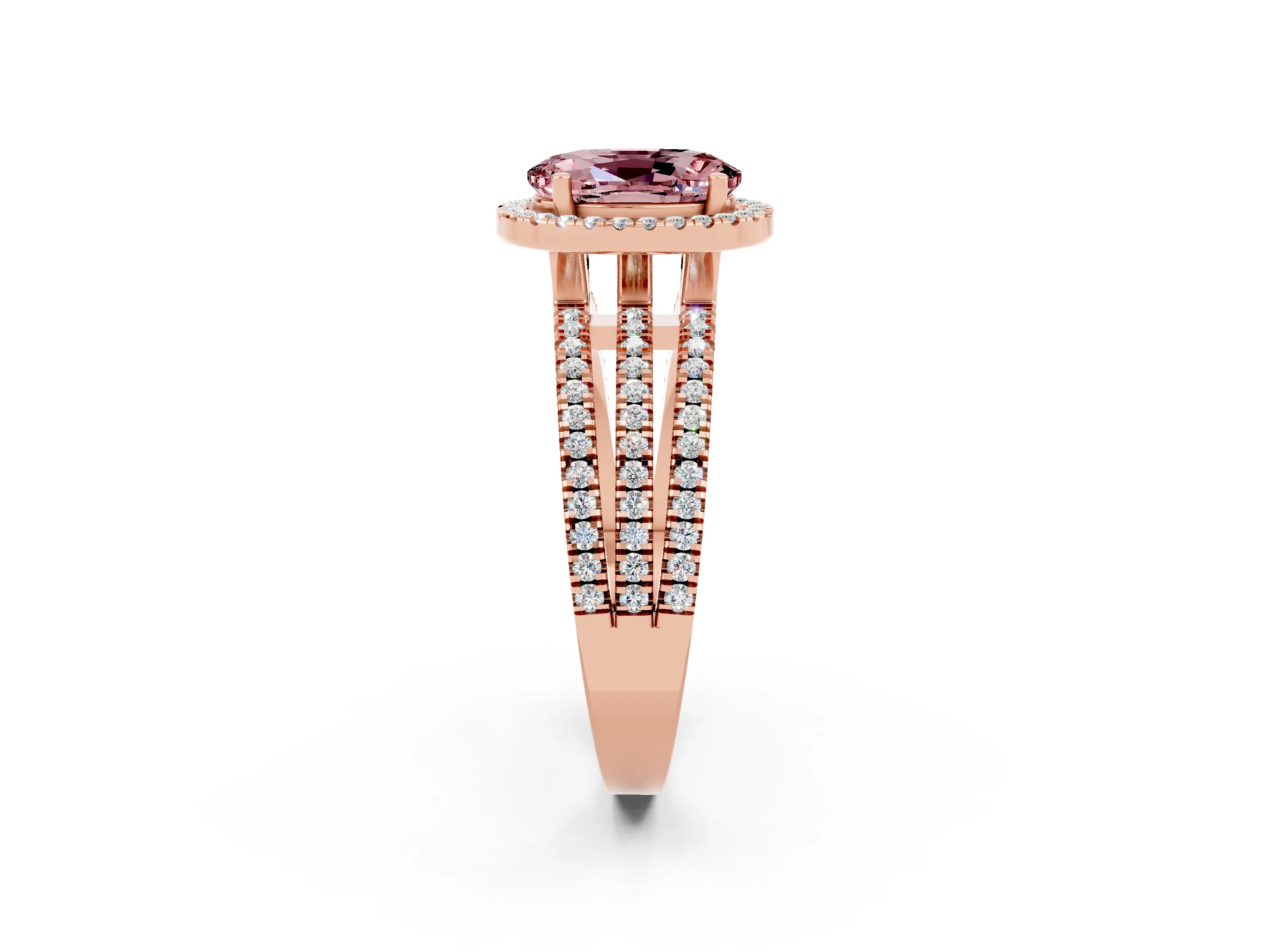Rose gold {shape_name} Morganite Halo Engagement Ring with Split Shank and Four-Prong Setting_2